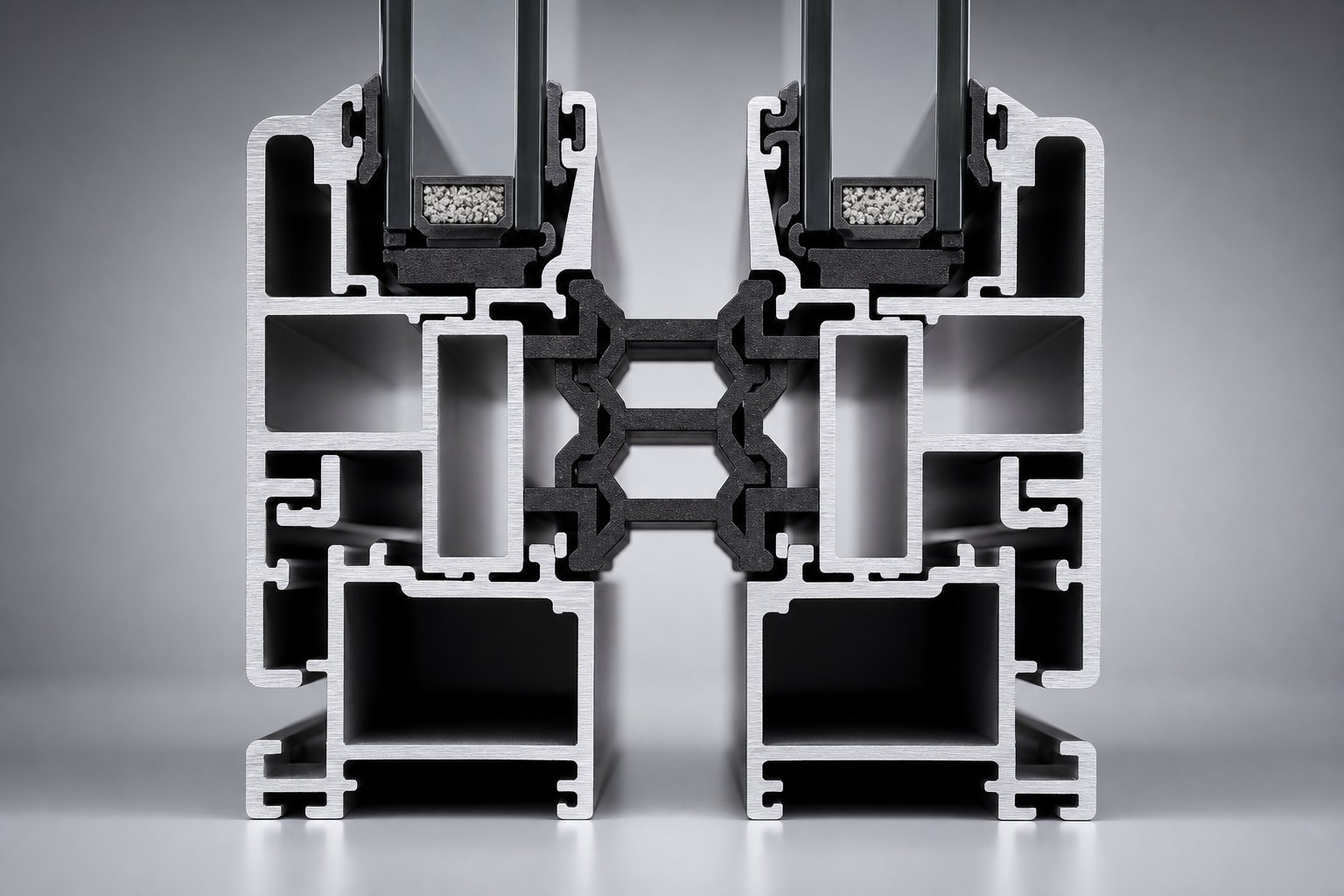 cross section of a thermally broken aluminium window frame showing the polyamide barrier separating interior and exterior aluminium sections