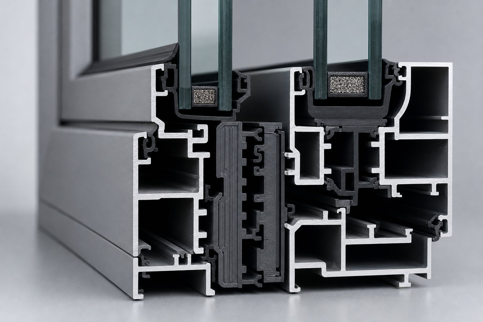 cross section of a thermally broken aluminium window frame showing the polyamide insulating barrier