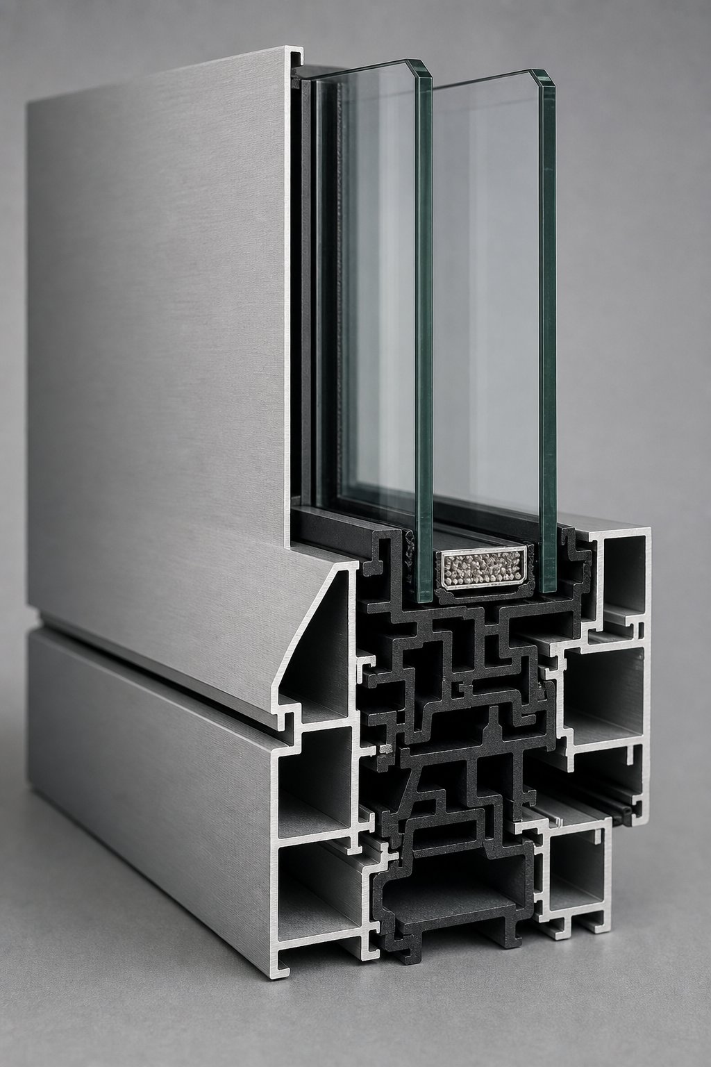 cross section of a thermally broken aluminium window frame showing the polyamide insulating strip between inner and outer profiles