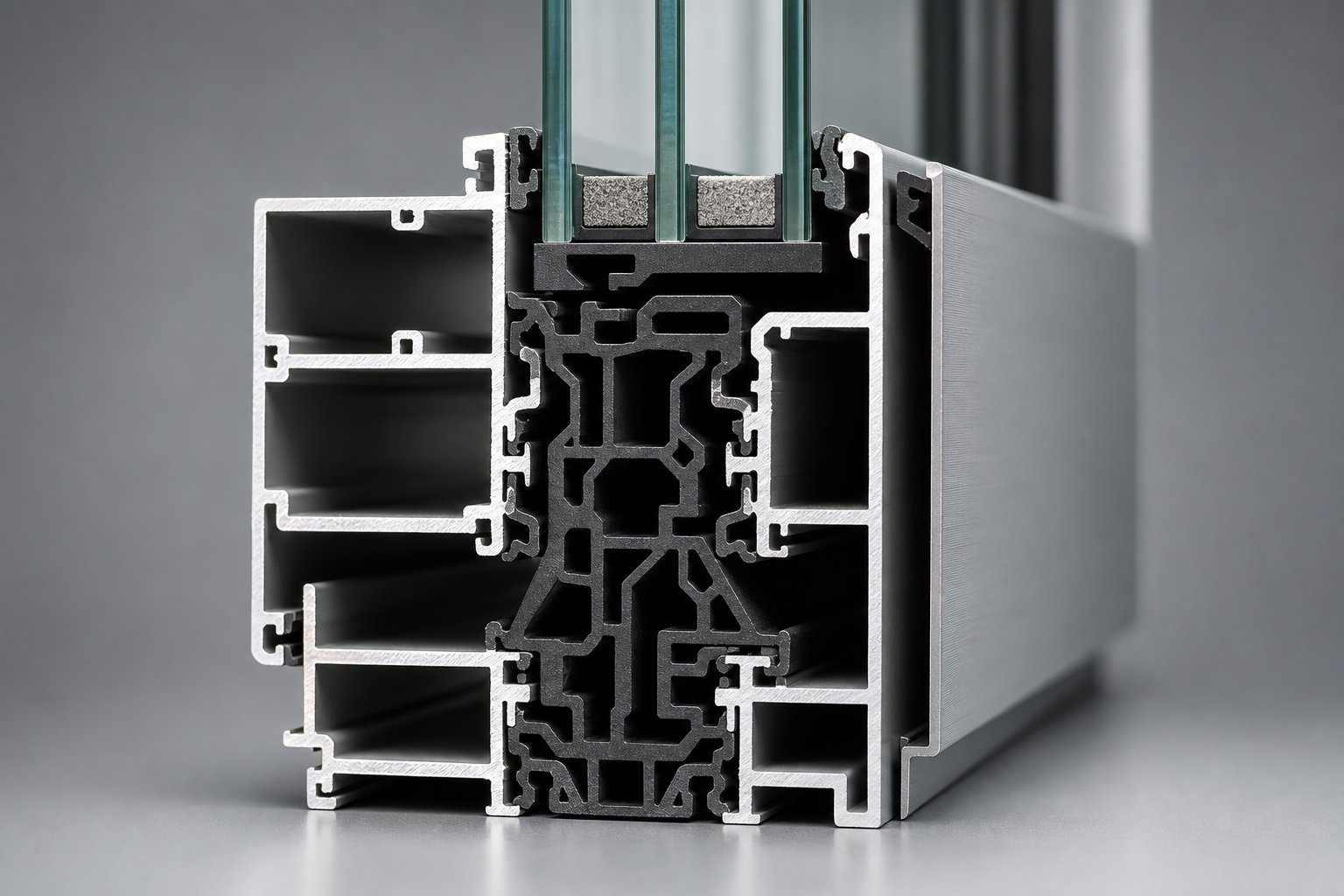 cross section of a thermally broken aluminium window profile showing the insulating barrier between exterior and interior frame faces