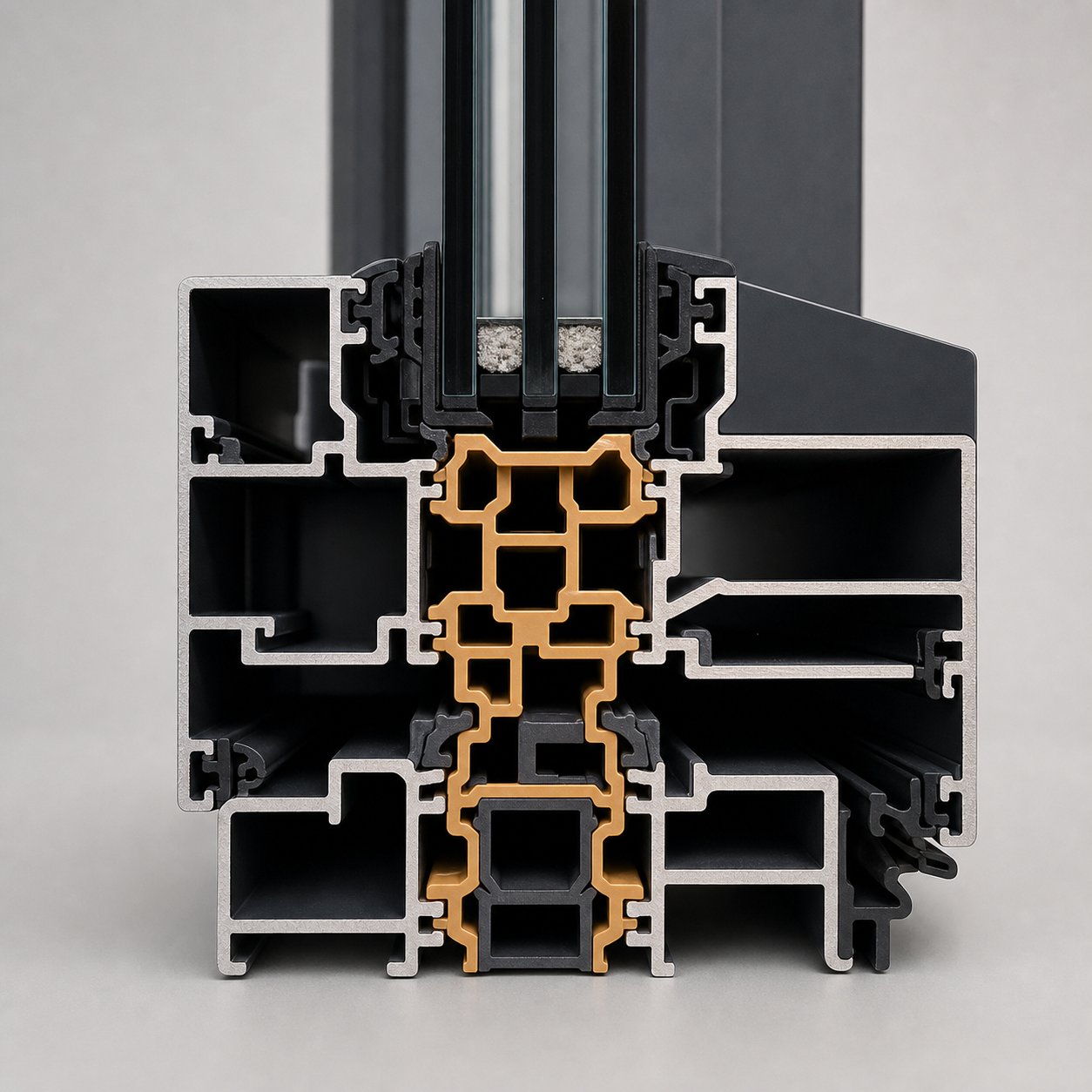 cross section of a thermally broken aluminium window profile showing the polyamide barrier between interior and exterior frame sections