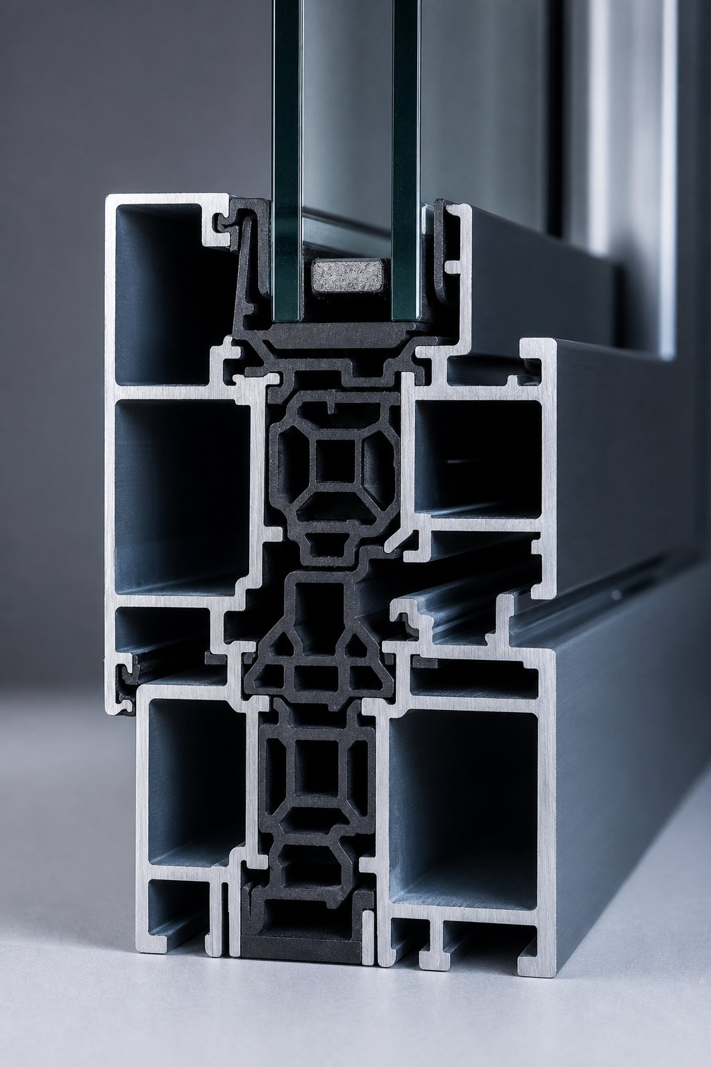 cross section of a thermally broken aluminium window profile showing the polyamide barrier separating interior and exterior frame sections