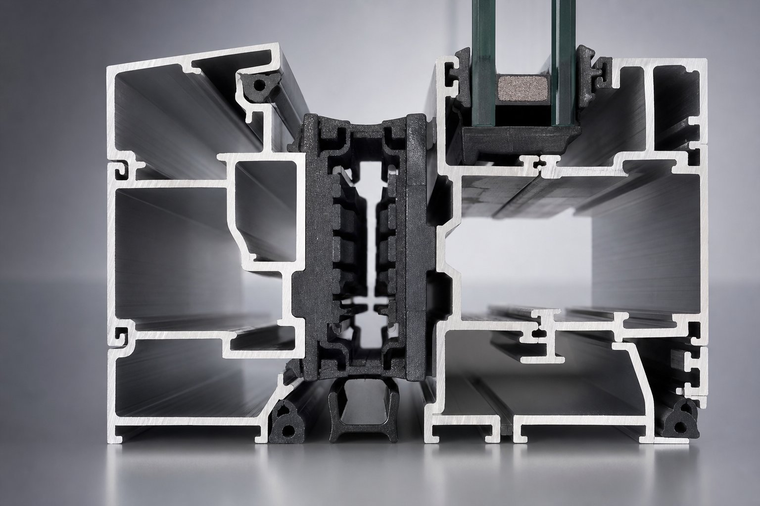 cross section of a thermally broken aluminium window profile showing the polyamide barrier strip