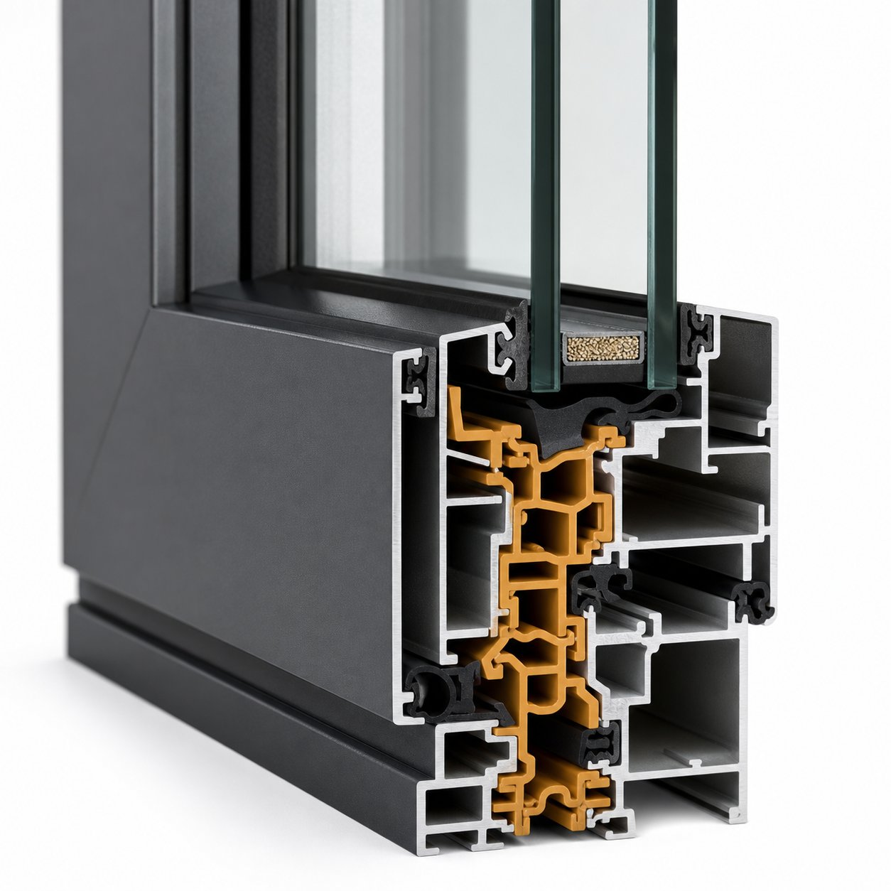 cross section of a thermally broken aluminium window profile showing the polyamide insulating strip between outer and inner shells