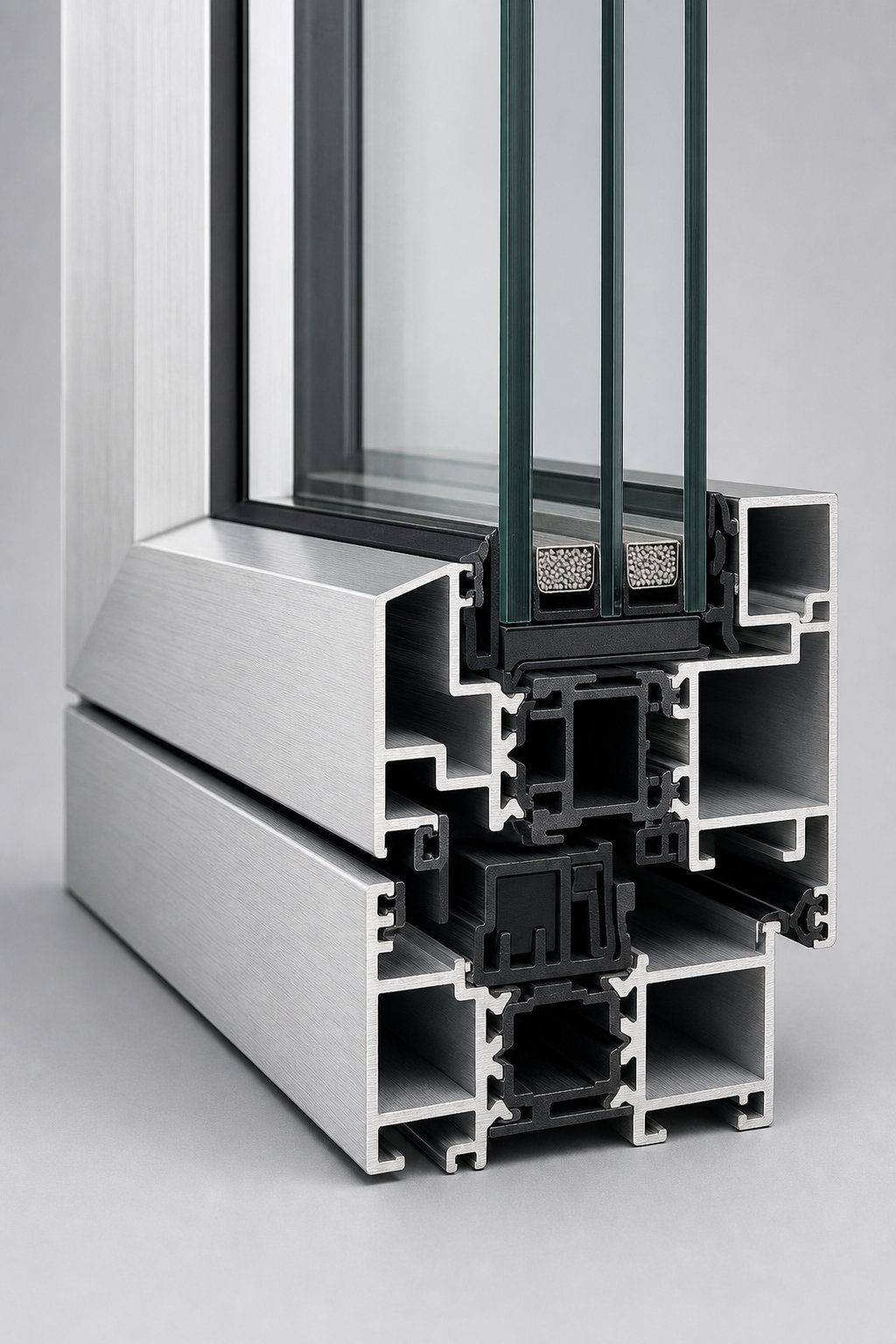 cross section of an aluminium window frame profile revealing internal structural geometry
