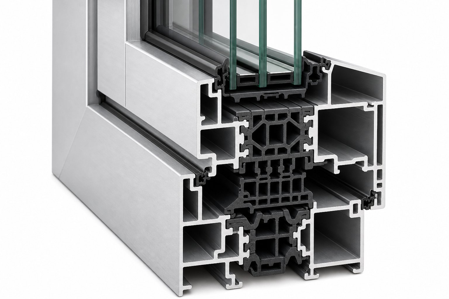 cross section of an extruded aluminium window profile showing internal chambers thermal break cavity and gasket grooves
