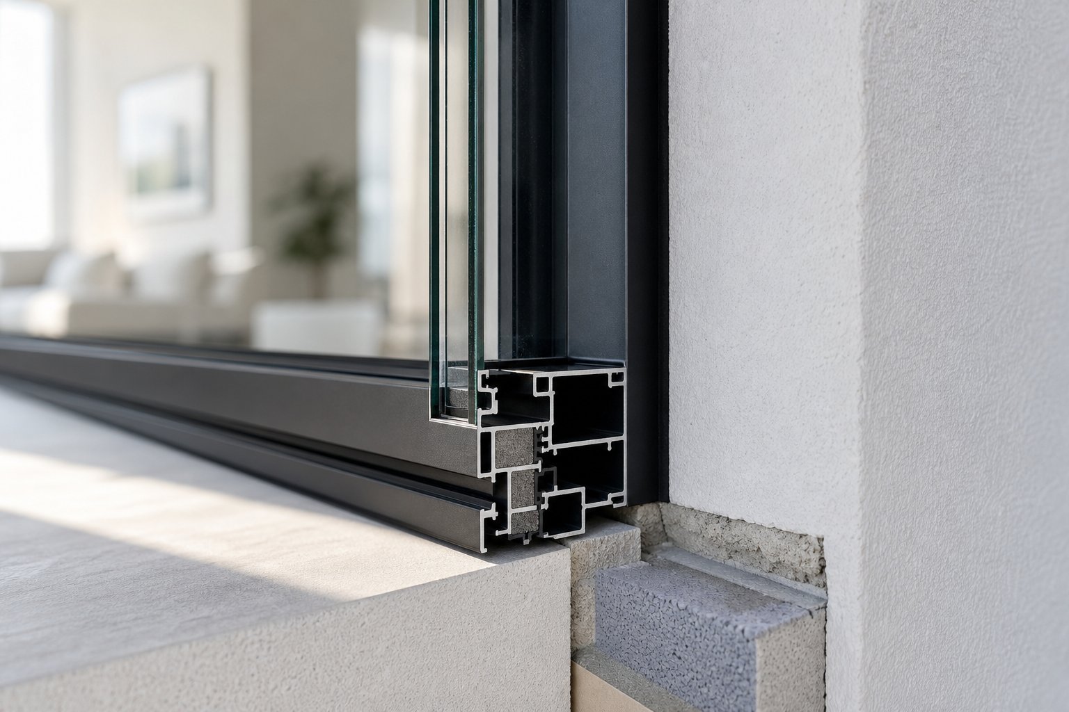 cross section view of a thermally broken aluminium window frame with slim sightlines and double glazing installed in a modern home