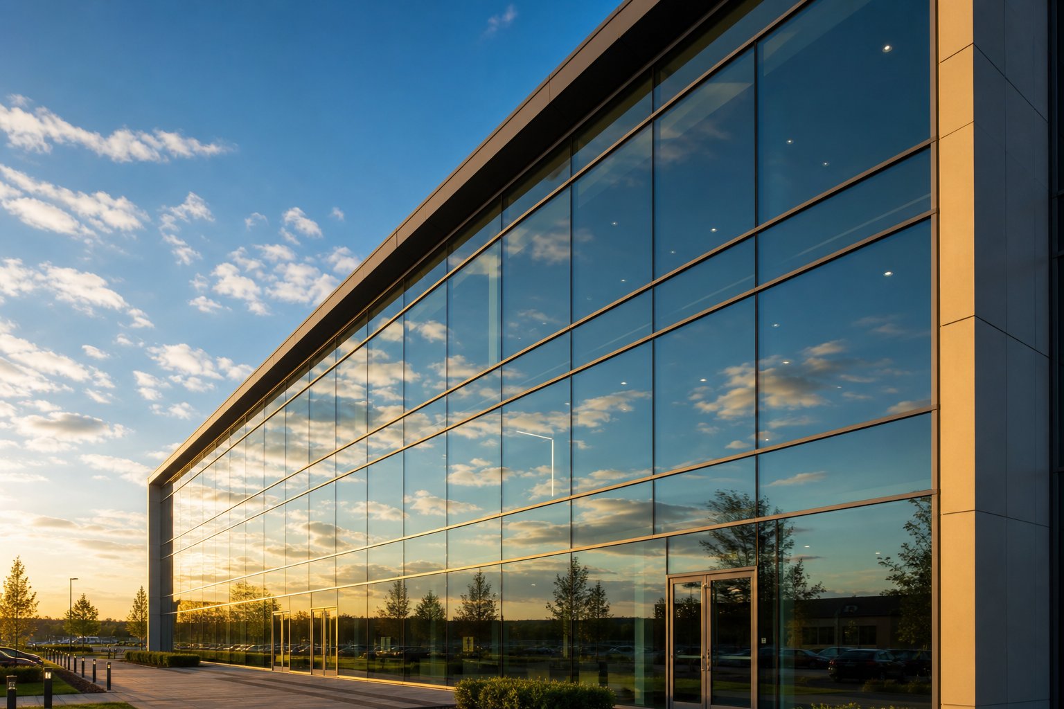 curtain wall facade with fixed aluminium glazing panels integrated into a unified mullion grid for seamless architectural expression