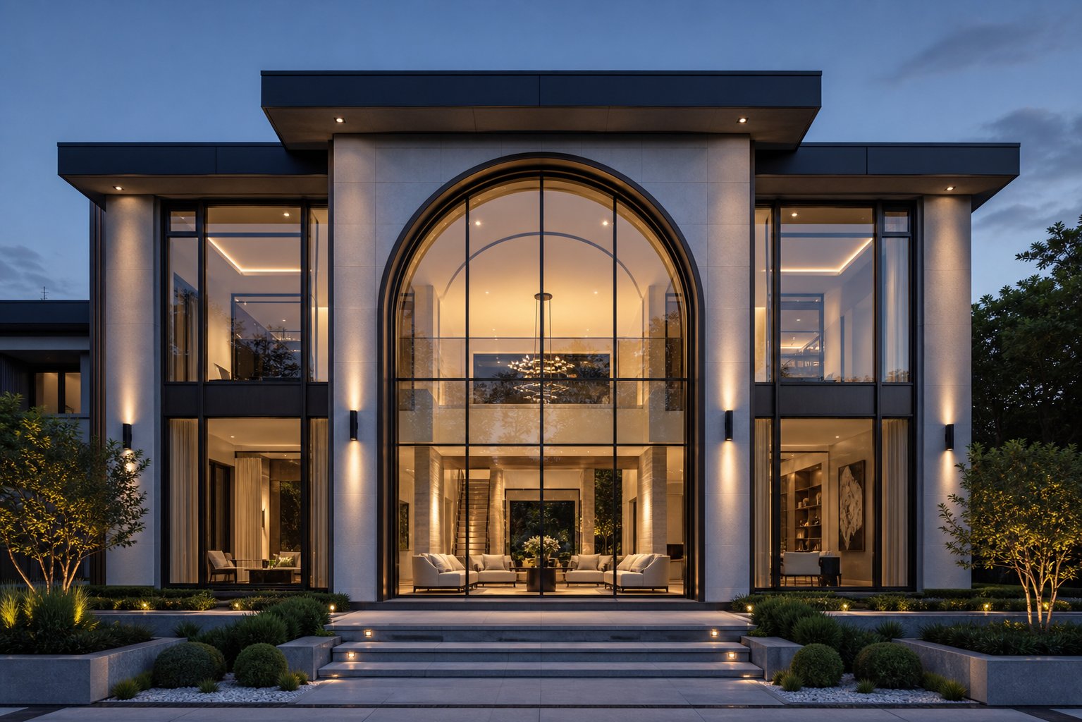 custom arched aluminium window as a dramatic centrepiece on a contemporary double height facade