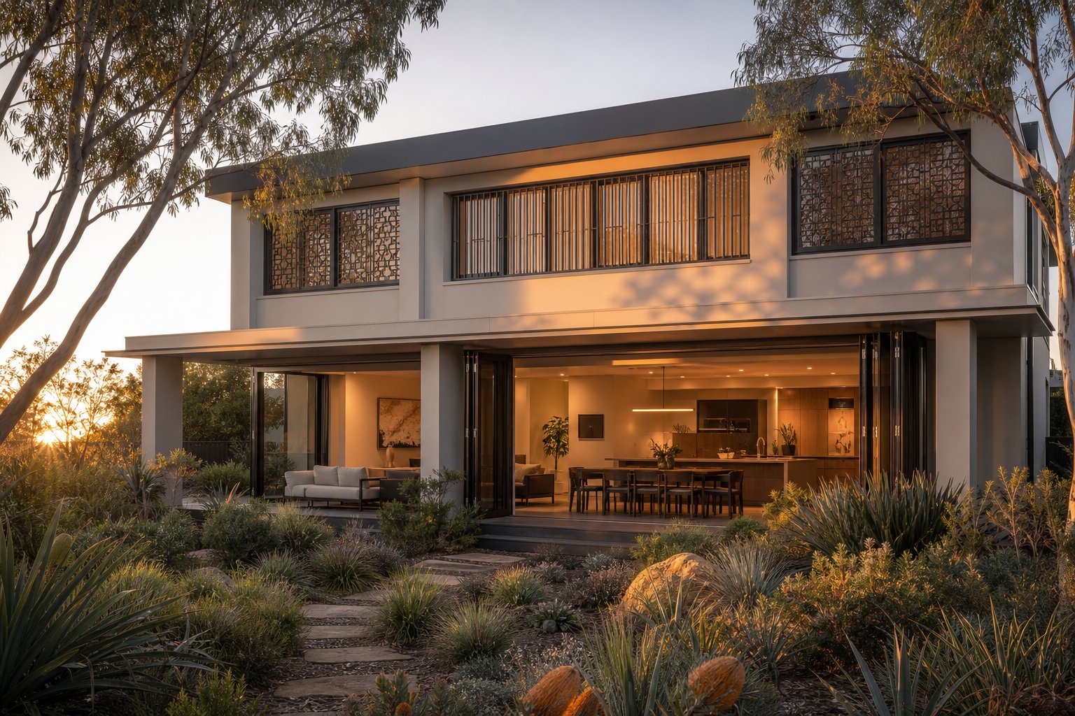 custom fabricated aluminium window grills with precise geometric patterns on a premium australian home