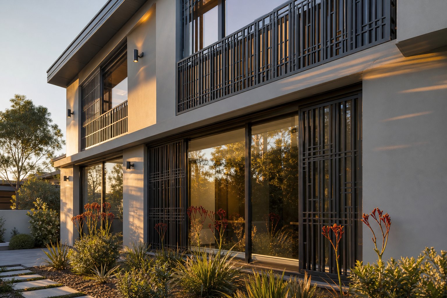 custom geometric pattern aluminium security grilles powder coated to match the window frame colour