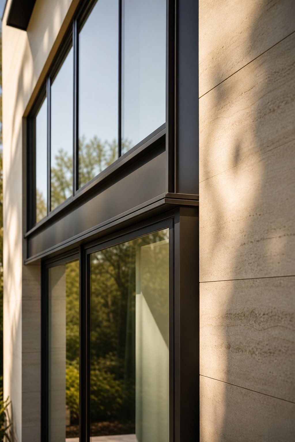 dark aluminium window frames paired with light facade materials creating bold architectural contrast on a north shore home