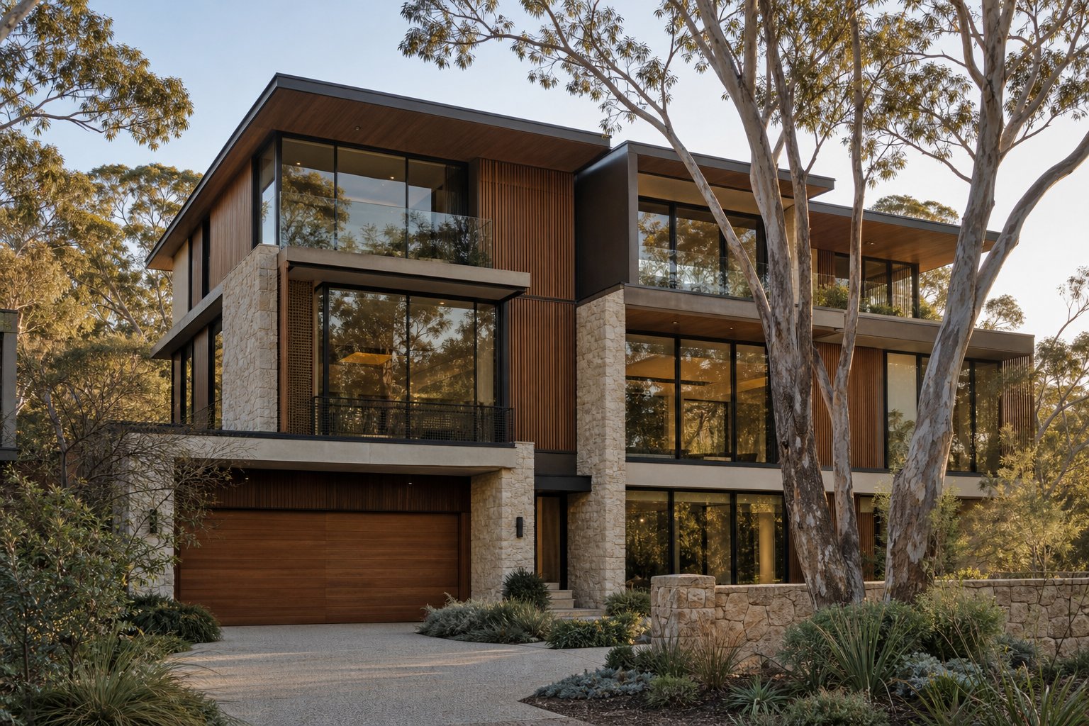 dark bronze aluminium window frames harmonising with natural stone and timber on a bushland prestige home
