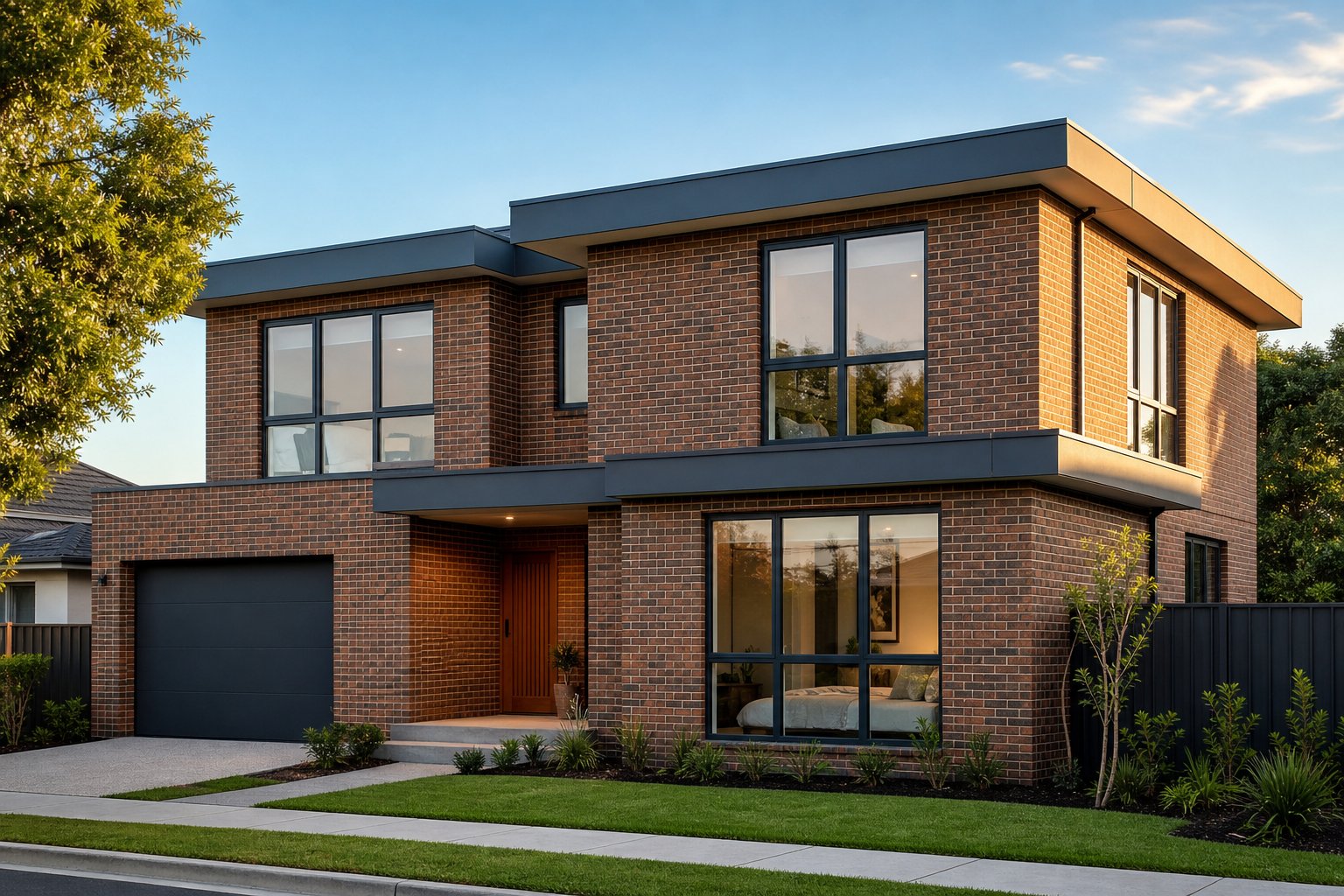 dark grey aluminium windows creating bold contrast against warm brick on an australian home