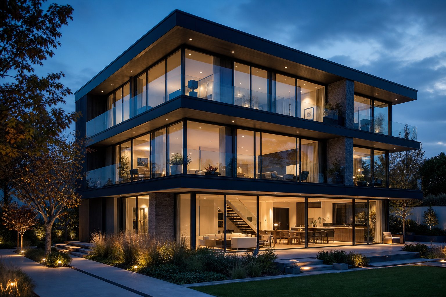 dark powder coated aluminium frames with double glazed panels on a luxury australian residence at dusk