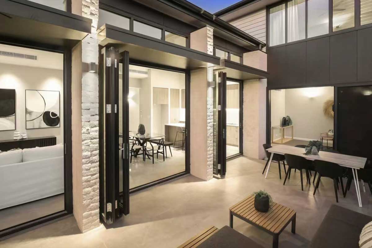 different aluminium window configurations on a single facade %E2%80%94 sliding awning casement and fixed panels with consistent slim frame profiles