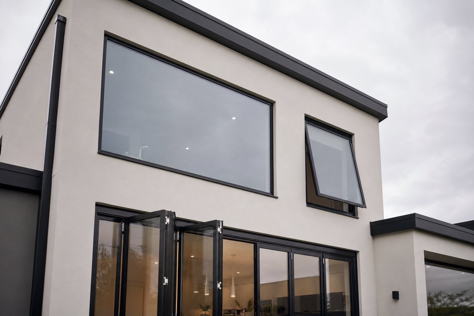 different aluminium window sizes and configurations on a modern home each affecting respray pricing based on frame area and complexity