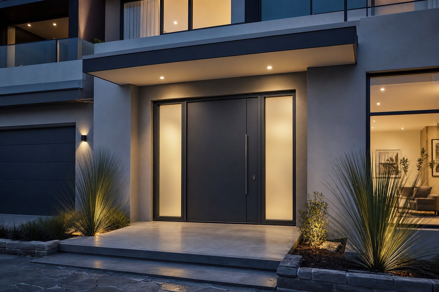 double sidelight configuration with matching aluminium profiles and finishes for a unified entry design