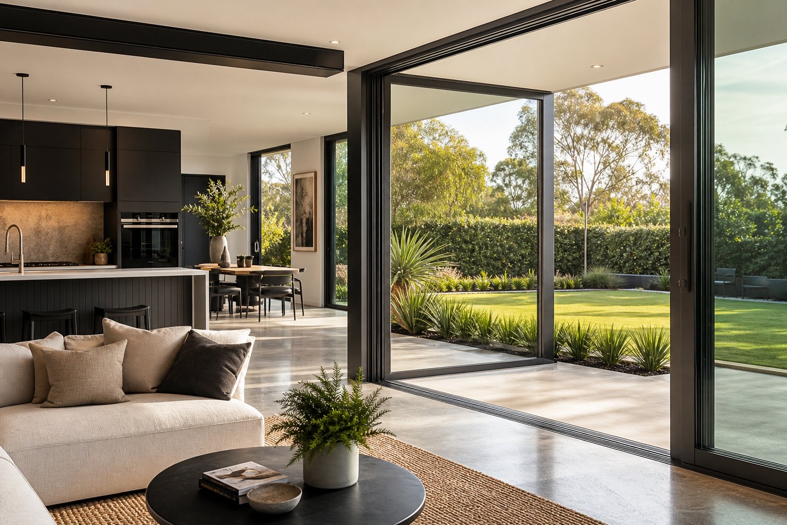 dual colour aluminium windows with dark anthracite grey interior framing that complements modern living spaces while cream faces the street