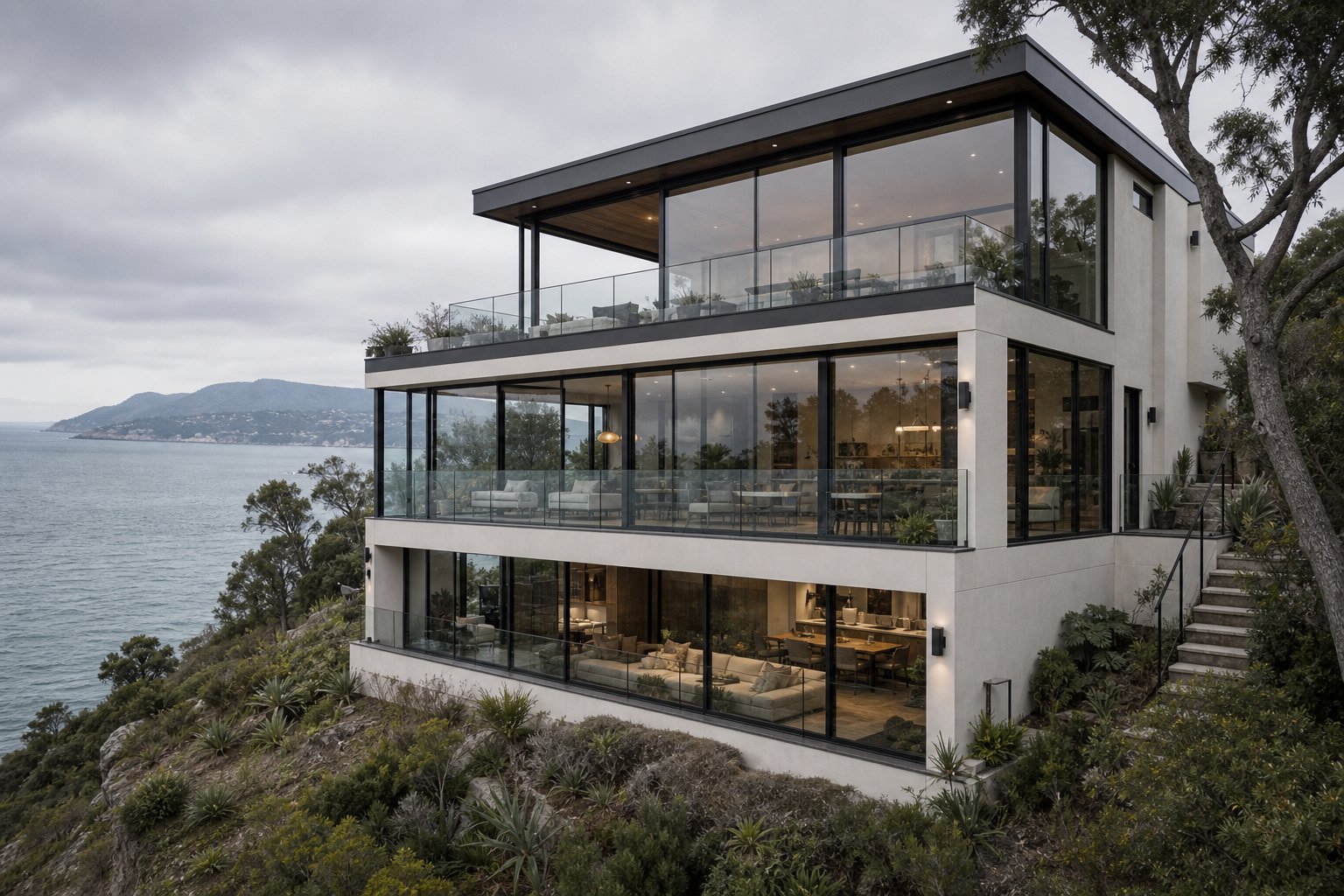 elevated north shore coastal property with marine grade aluminium window systems engineered for salt air exposure