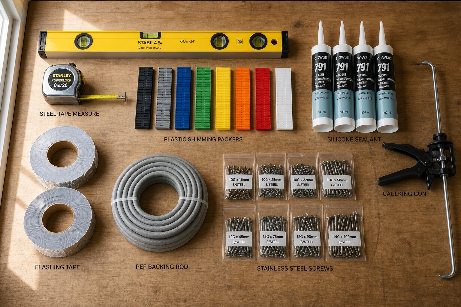 essential tools and weatherproofing materials staged for a professional aluminium window installation