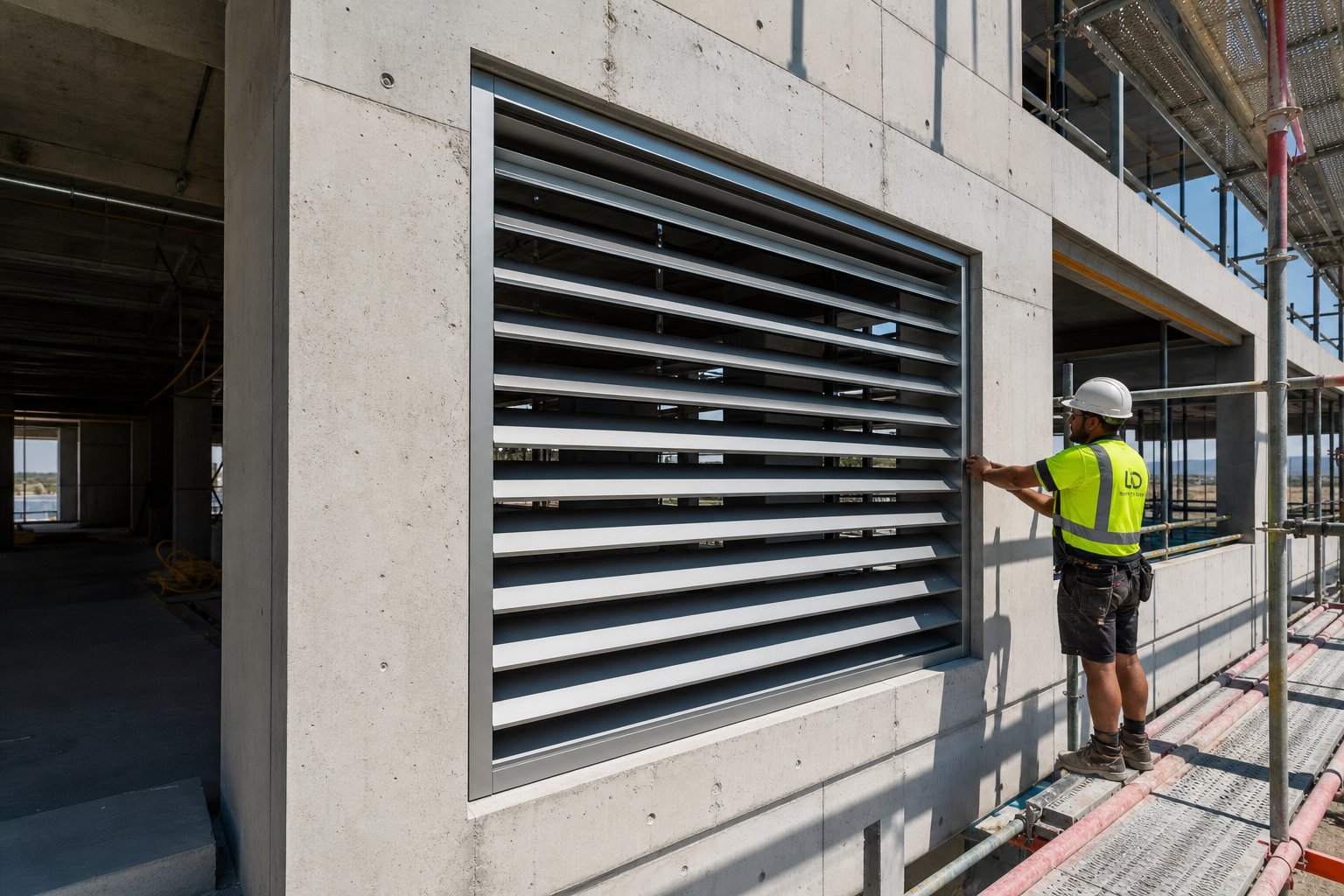 fixed aluminium louver panel reveal fixed into a structural opening during building construction