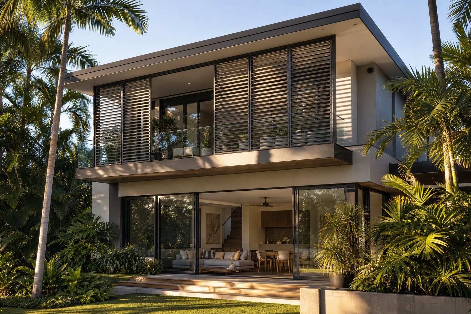 fixed aluminium louver screens providing balcony privacy on a contemporary australian home