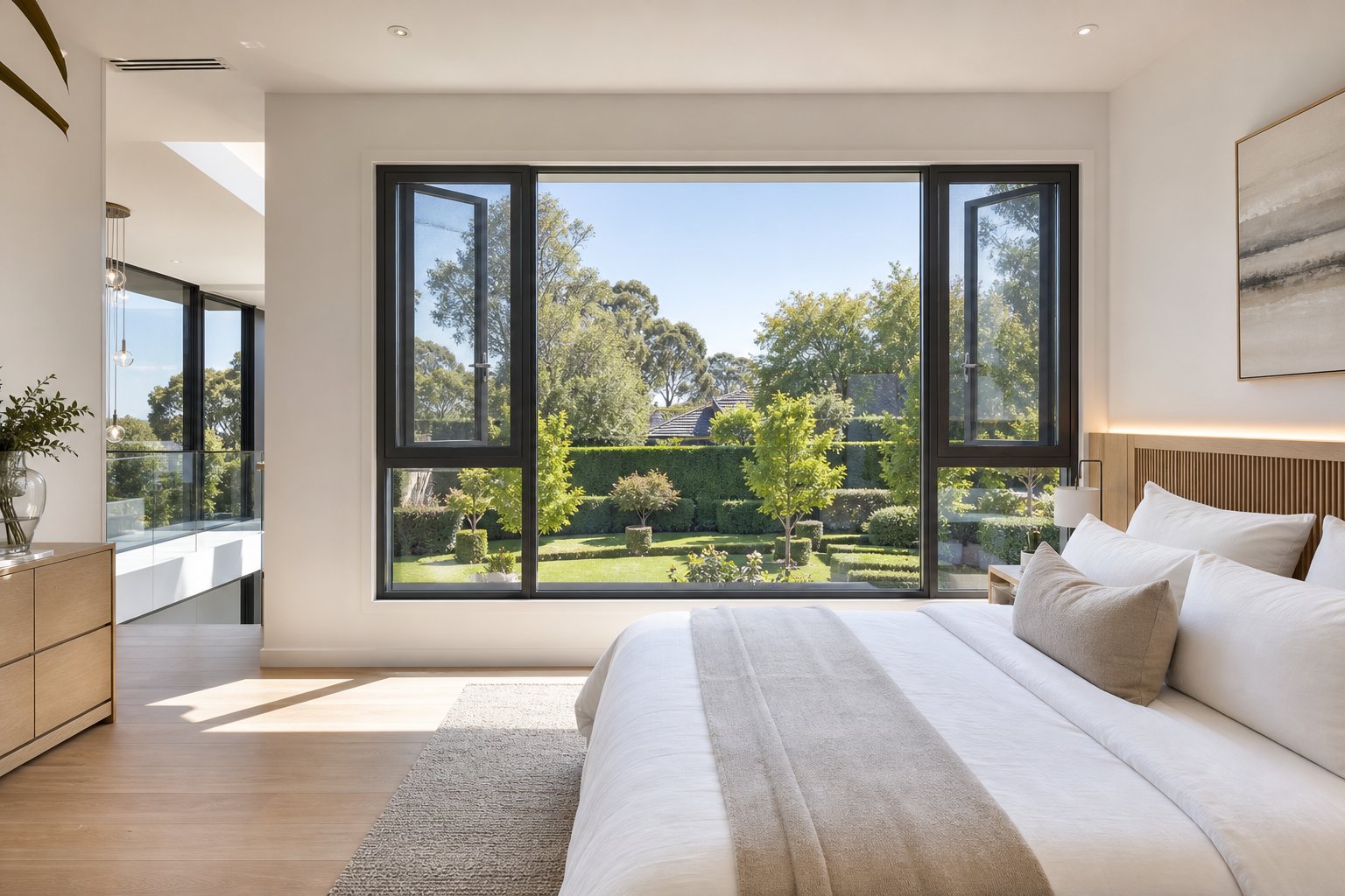fixed and operable aluminium windows combined in a bedroom for uninterrupted views with compliant ventilation and egress