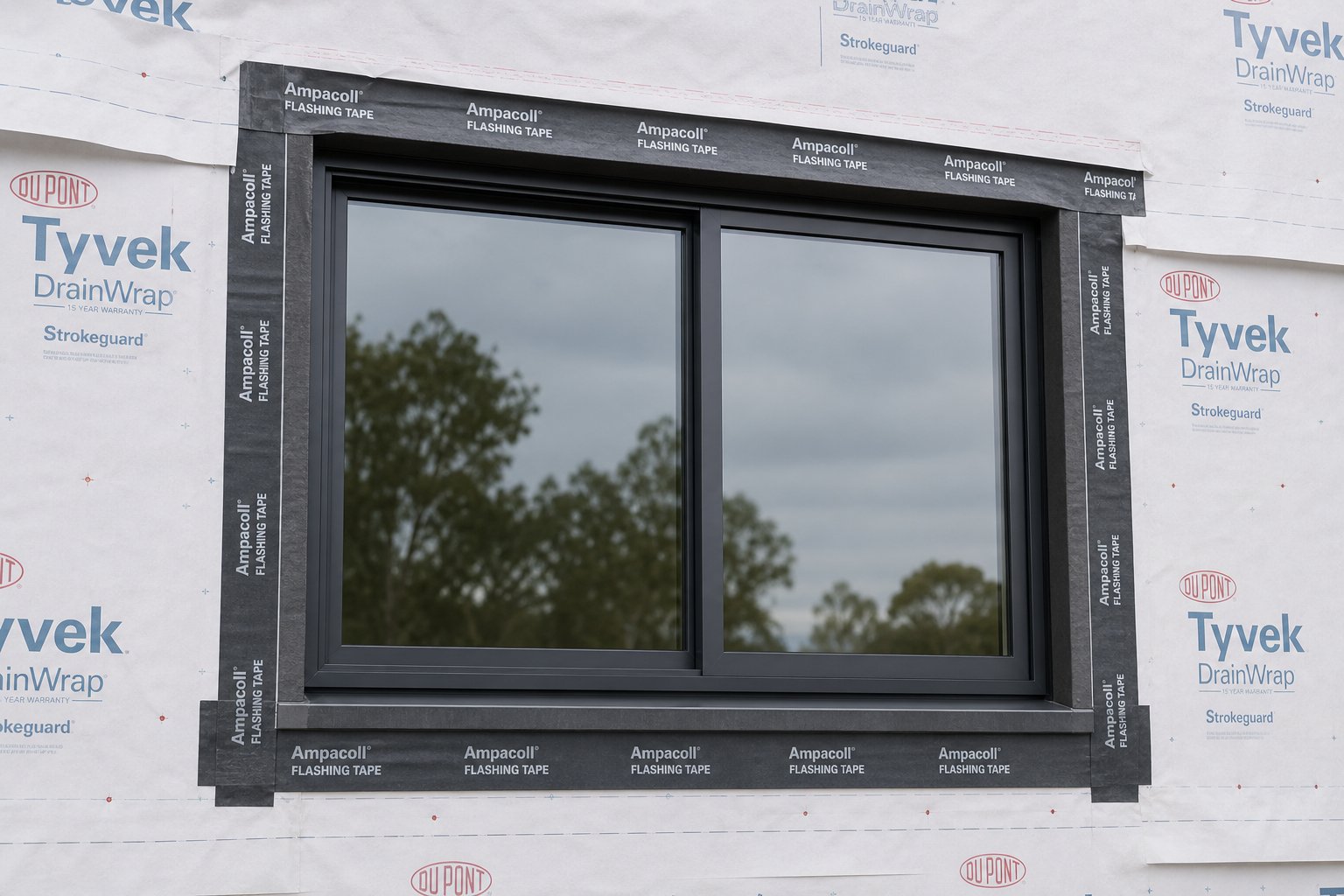 flashing tape applied in correct shingle lap sequence around an aluminium window frame integrating with the building wrap drainage plane