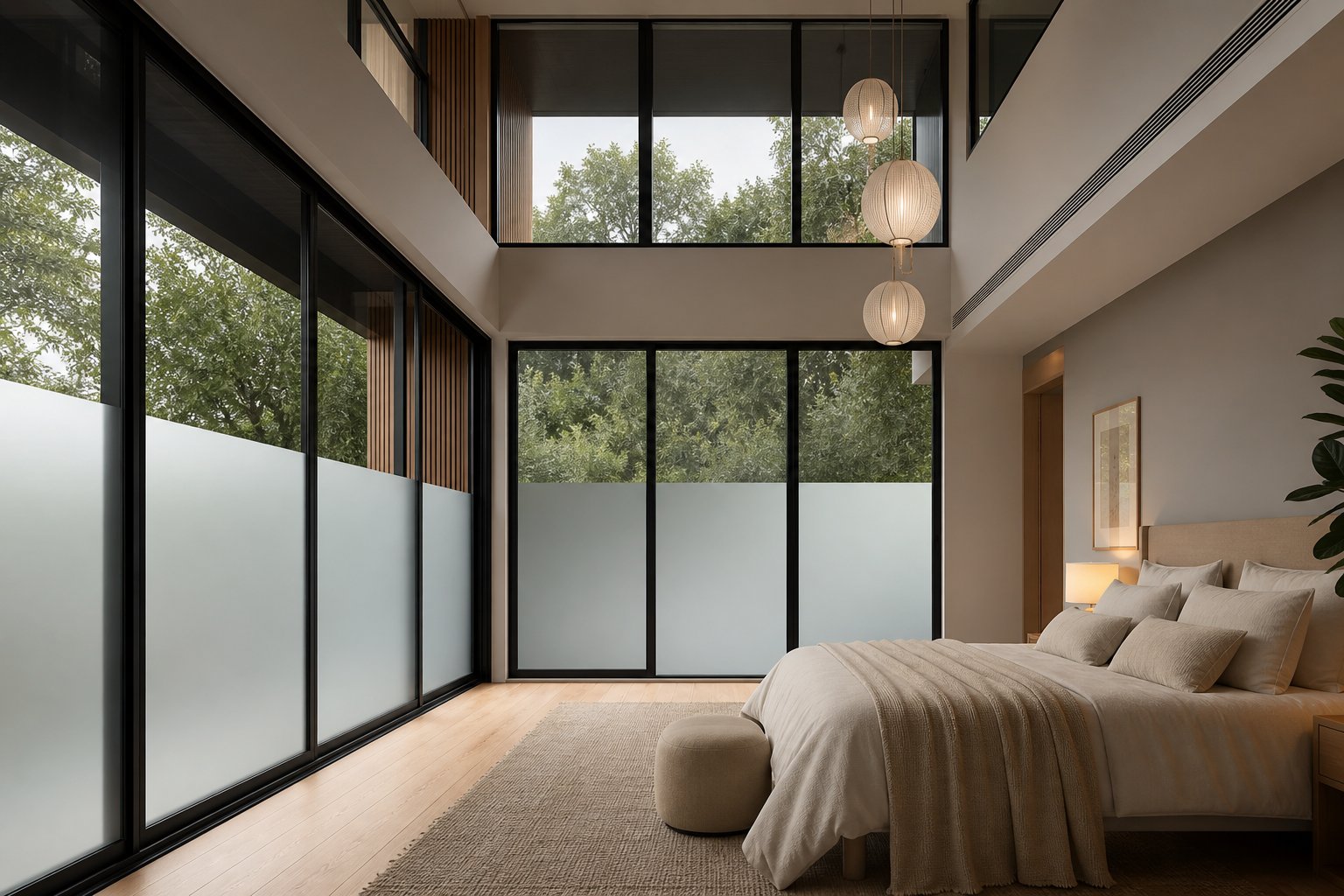 frosted privacy glass paired with clear upper panels in slim aluminium frames for balanced bedroom light and seclusion