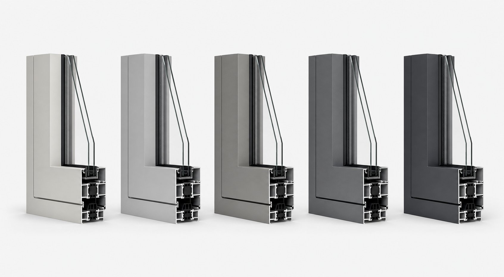 grey aluminium frame samples showing the range from light agate grey to deep anthracite