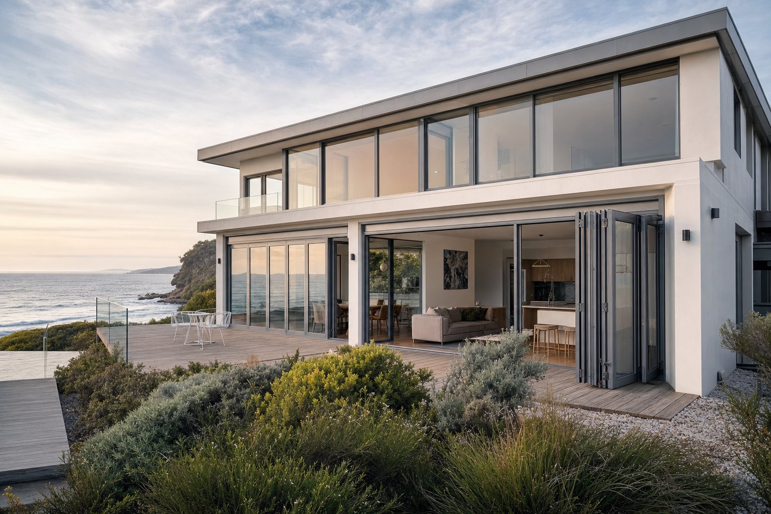 grey powder coated aluminium windows on a coastal australian home withstanding salt air exposure