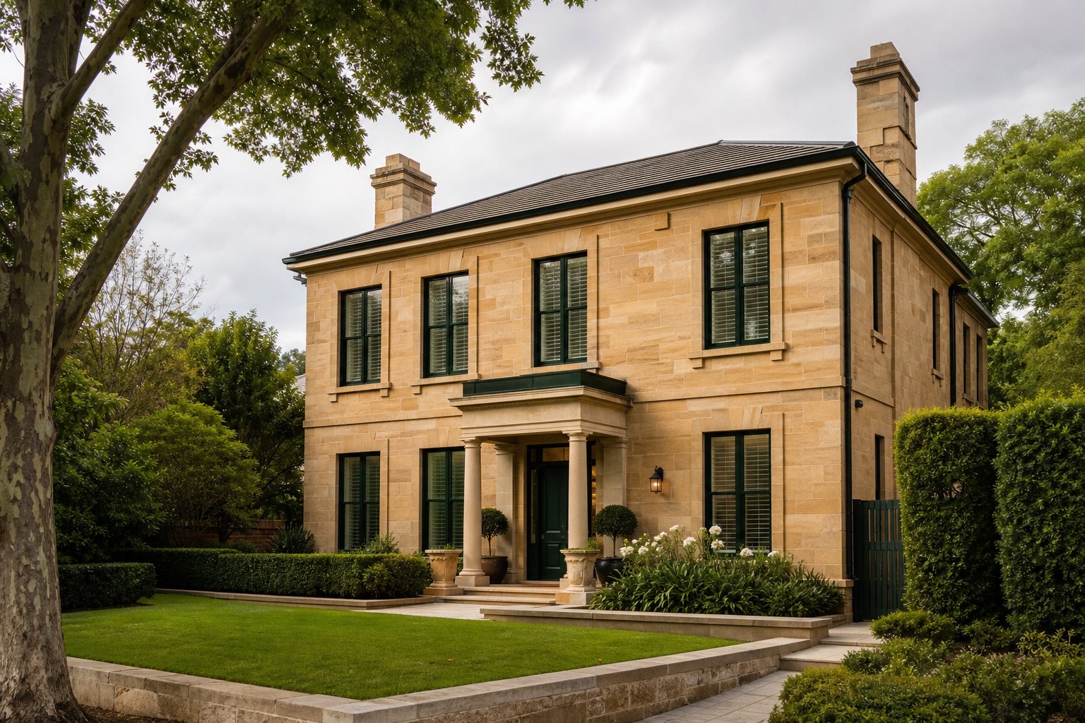 heritage style australian home with deep green aluminium frames complementing natural sandstone walls