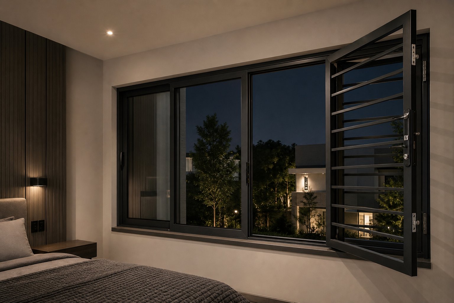 hinged aluminium window grill swung open from inside demonstrating emergency egress access in a modern bedroom