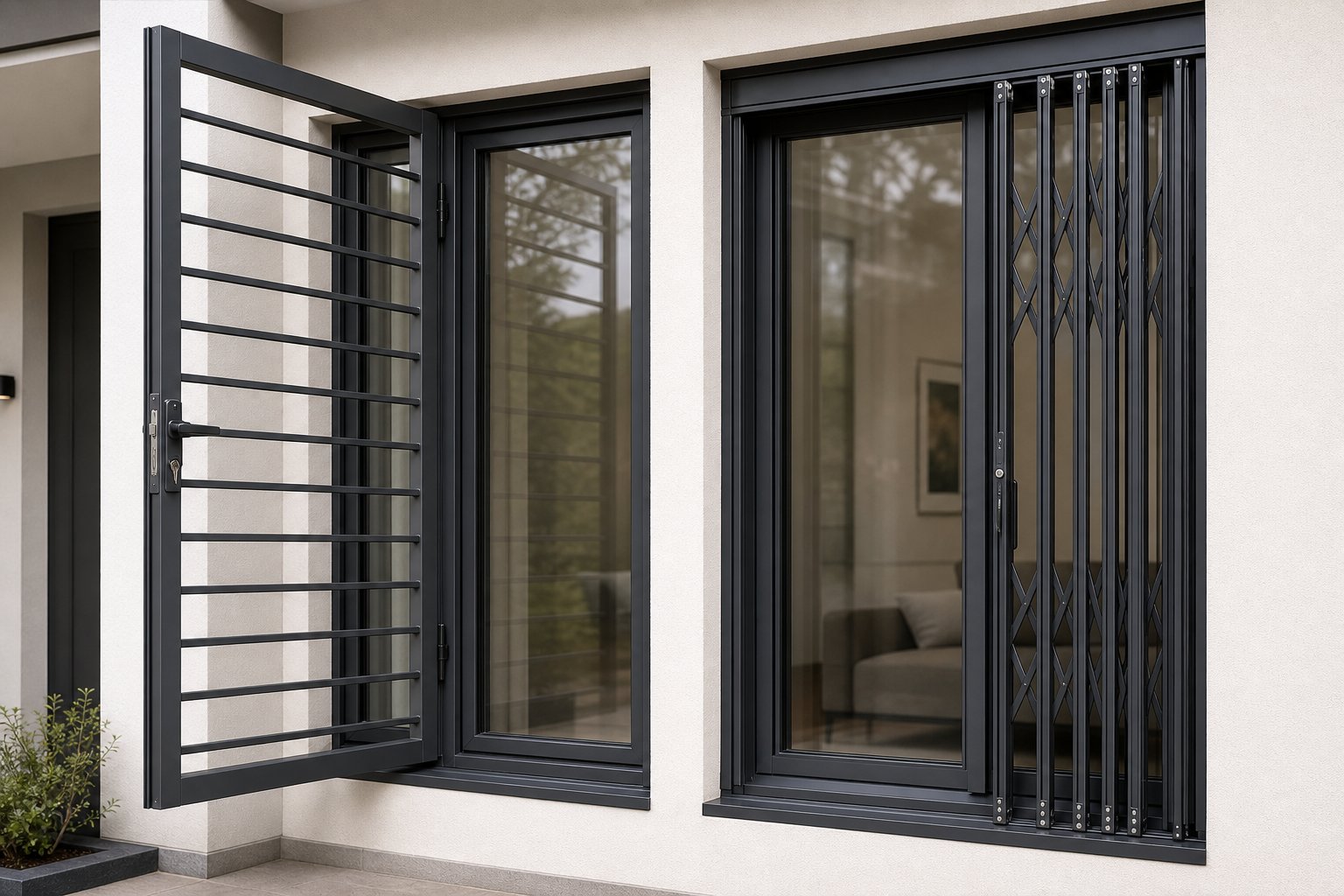 hinged and retractable aluminium security grilles offering different access options on ground floor windows