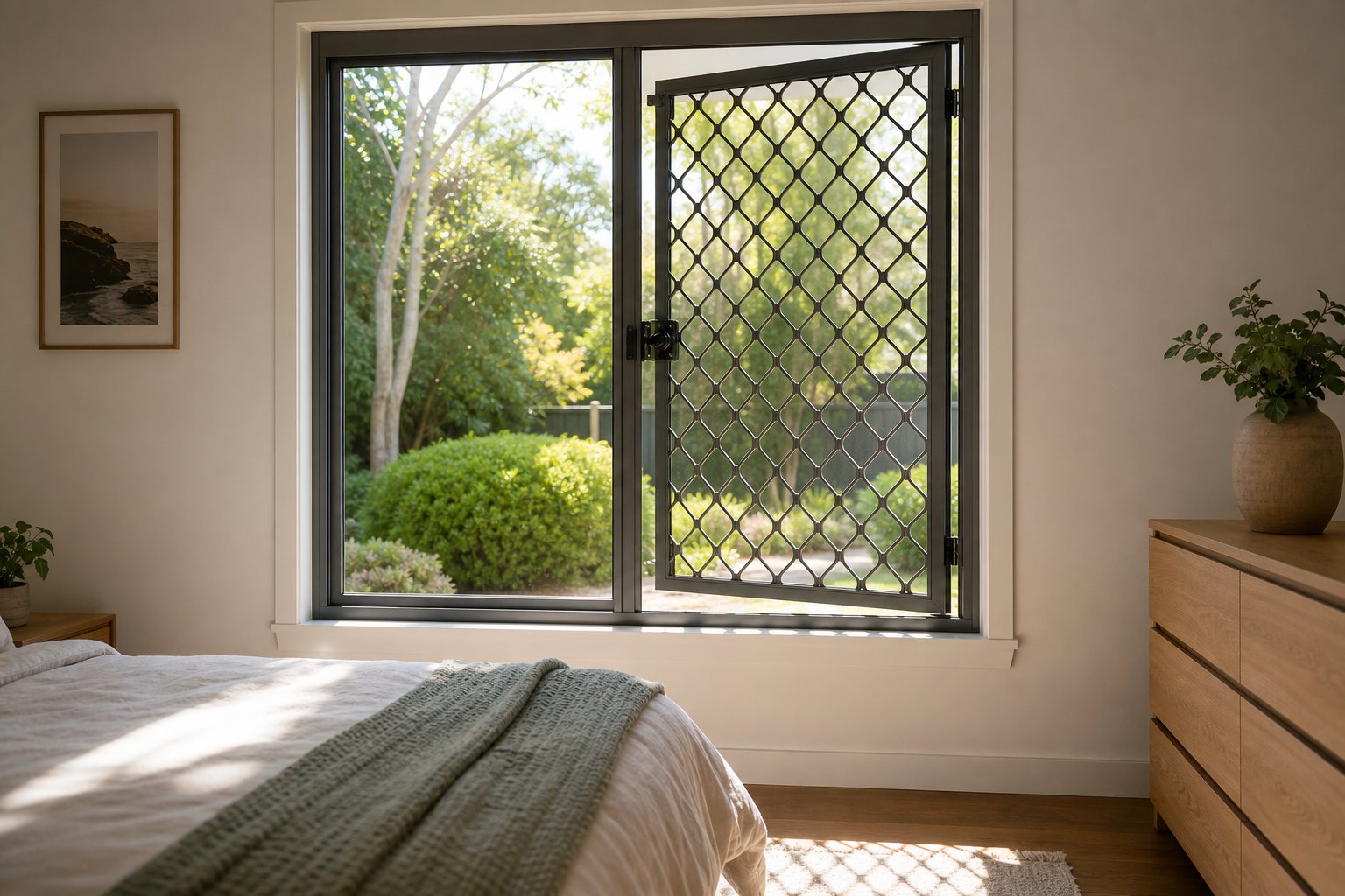 hinged security grille with internal quick release mechanism allowing emergency egress from a bedroom window