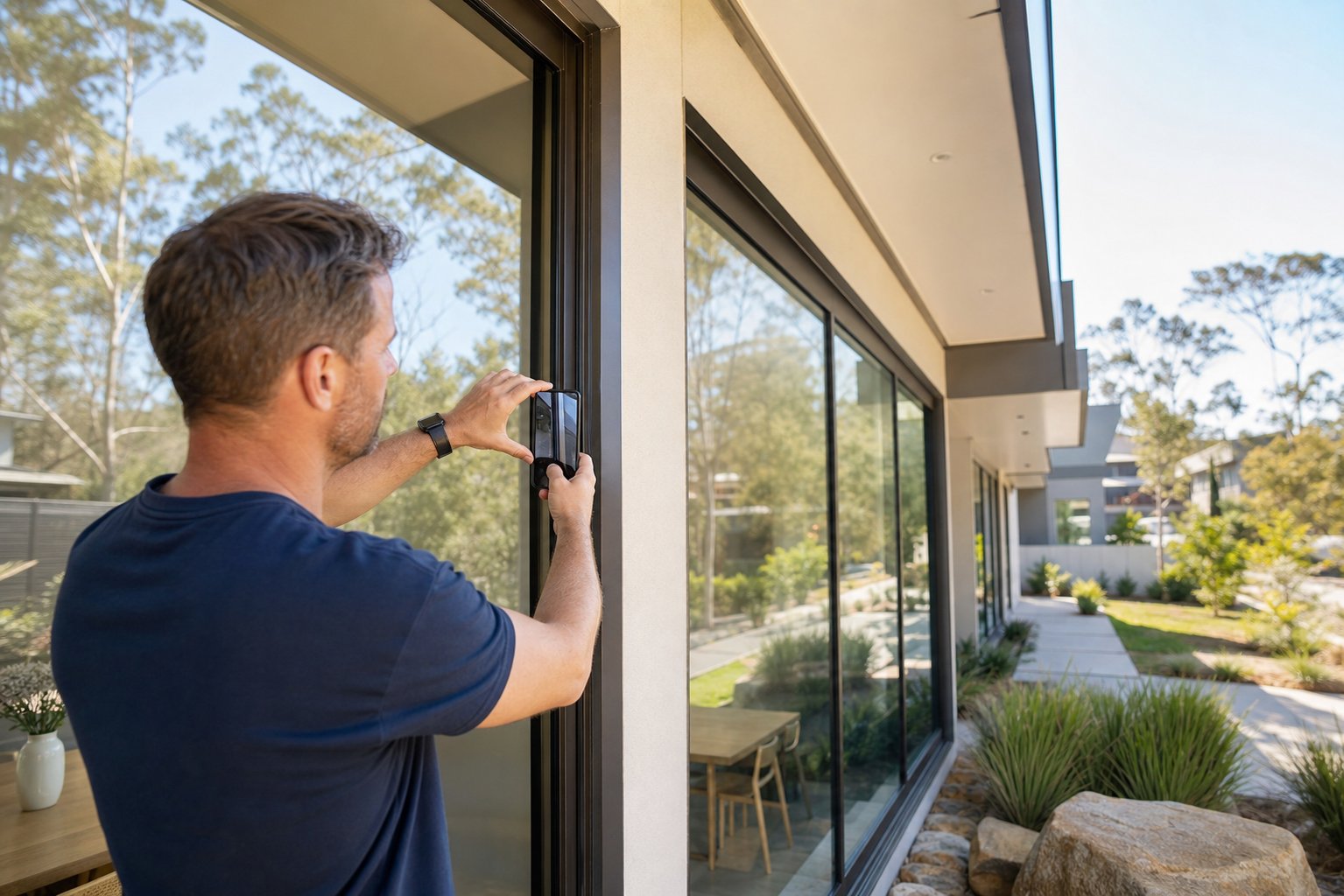 homeowner documenting aluminium window frame condition with photos before requesting respray quotes from contractors