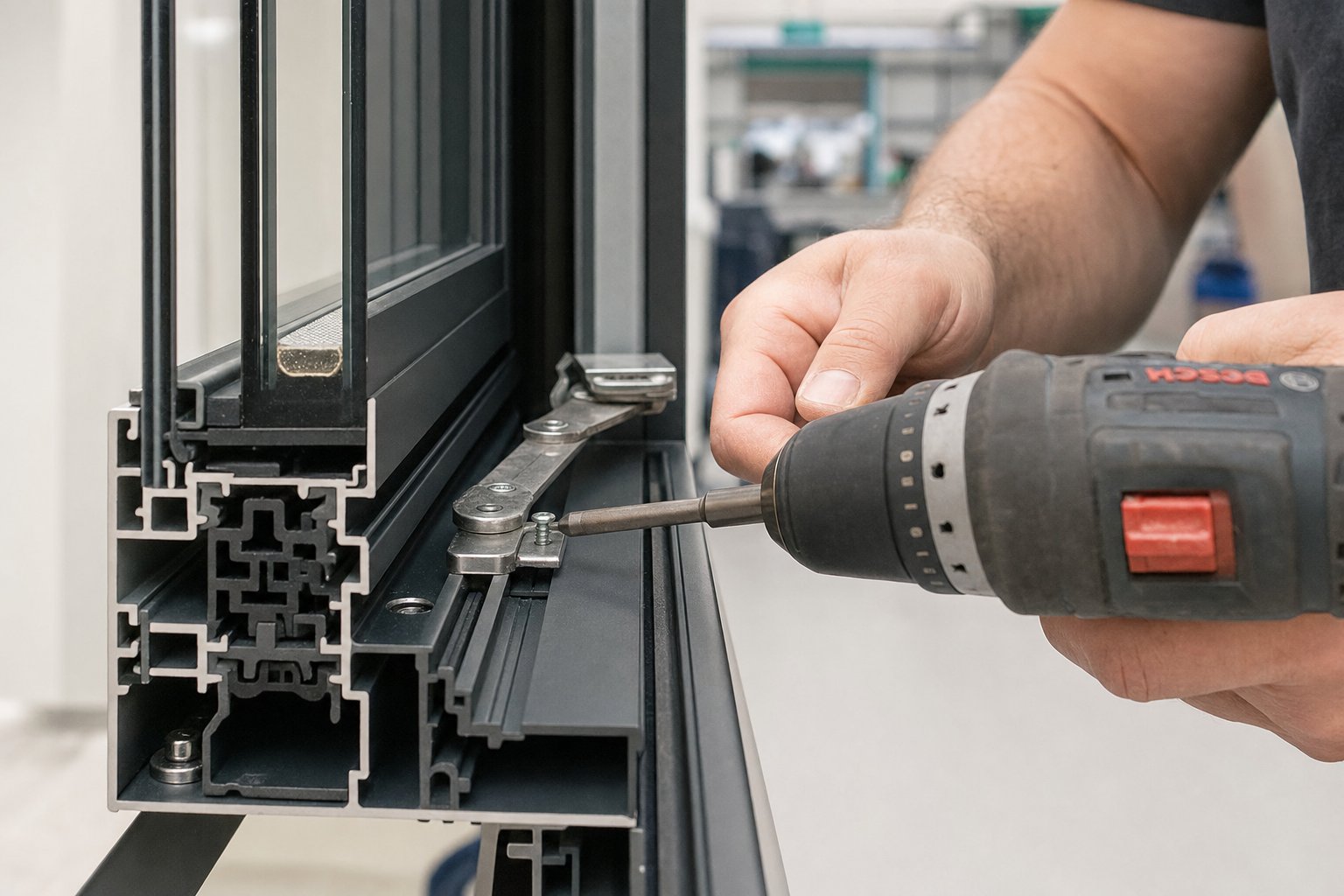 installing a friction stay into the rebate of a thermally broken aluminium window frame