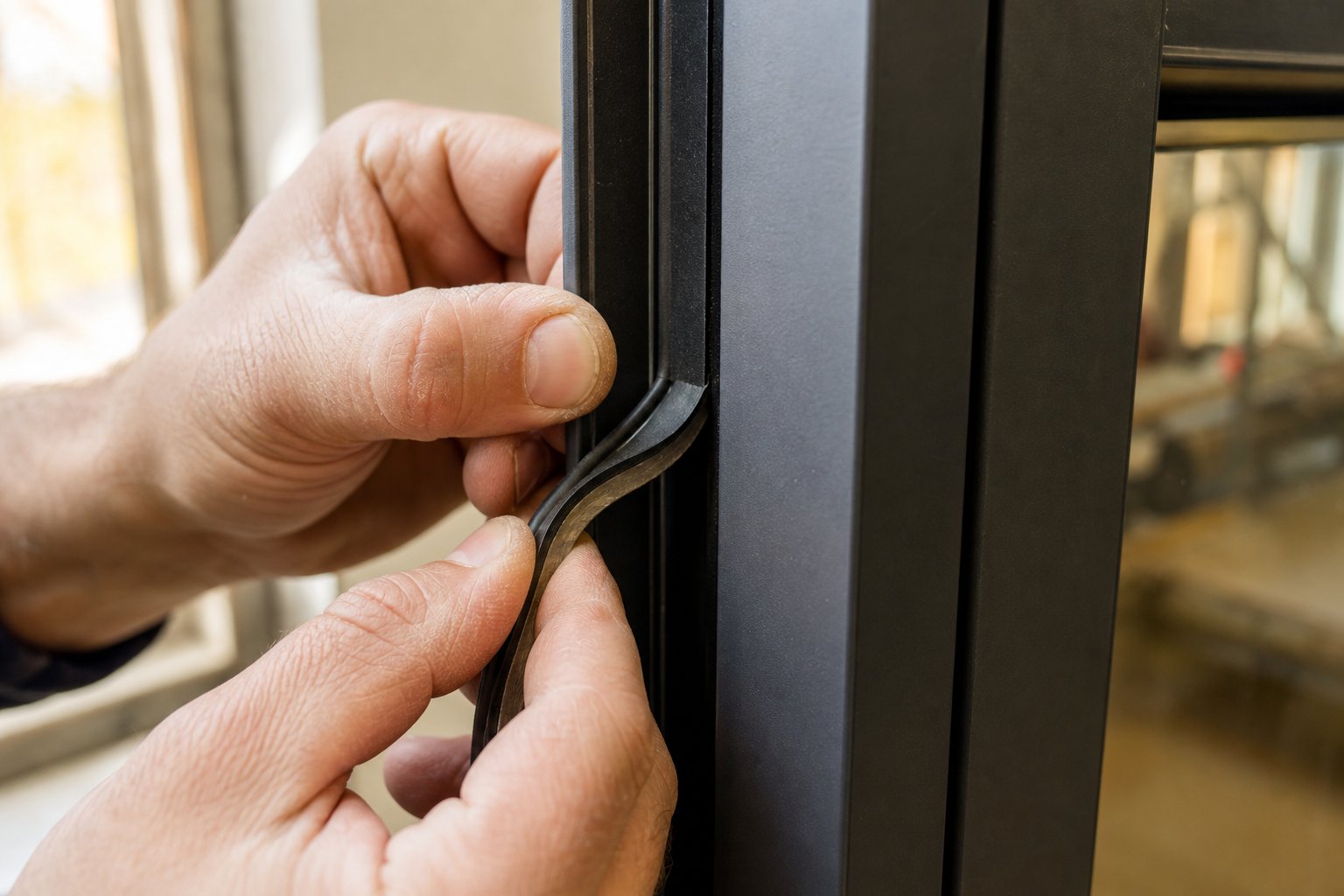 installing an epdm compression seal into the rebate of an aluminium casement window frame