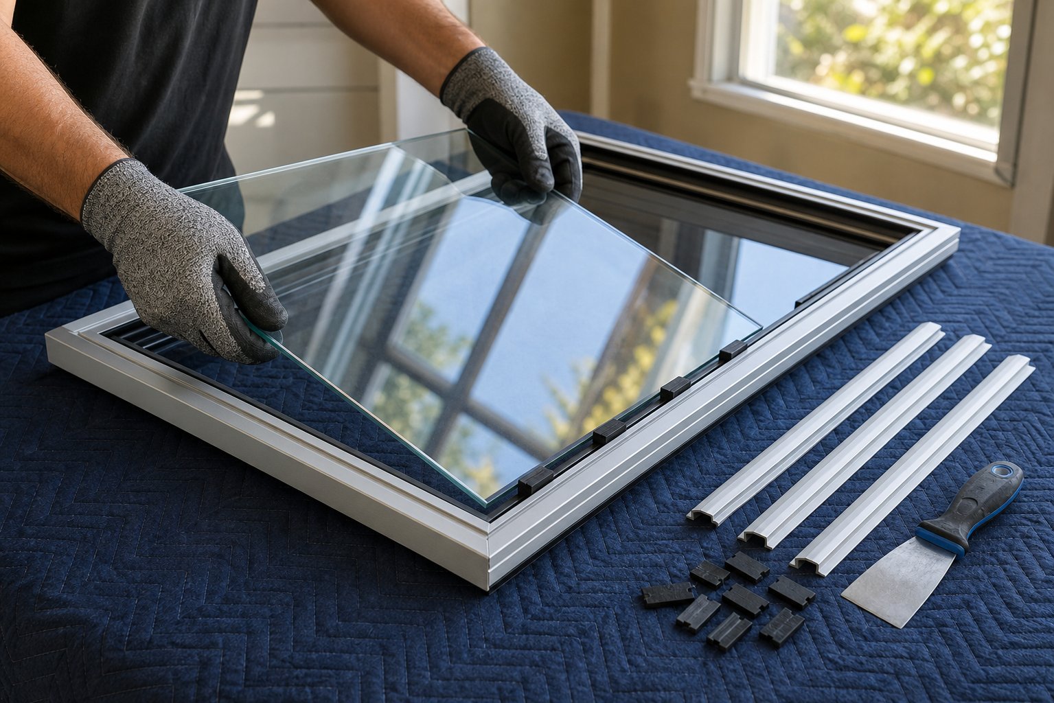 installing replacement glass into an aluminium sliding window sash positioned on a flat work surface