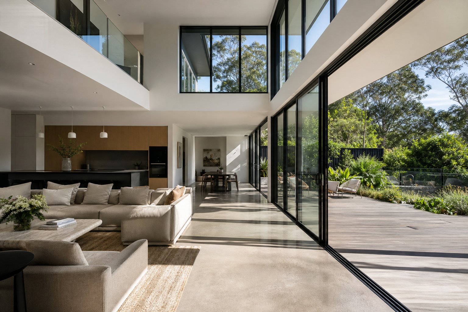 interior view showing how slim profile aluminium windows maximise natural light and outdoor connection in a modern living space