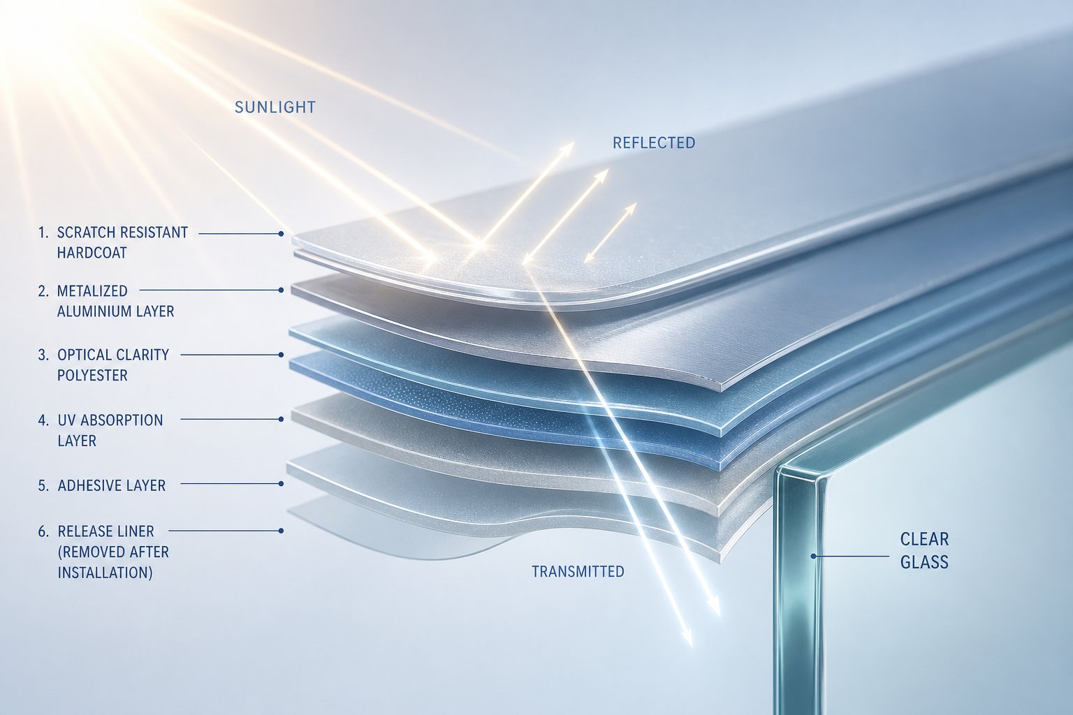 layered structure of aluminium metallic window tint film reflecting solar energy away from the glass surface