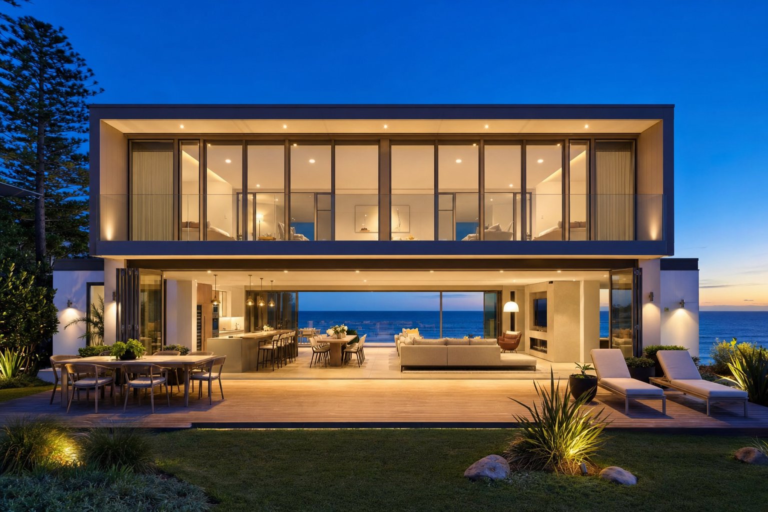 luxury coastal australian home with full height aluminium windows and sliding doors connecting indoor and outdoor living