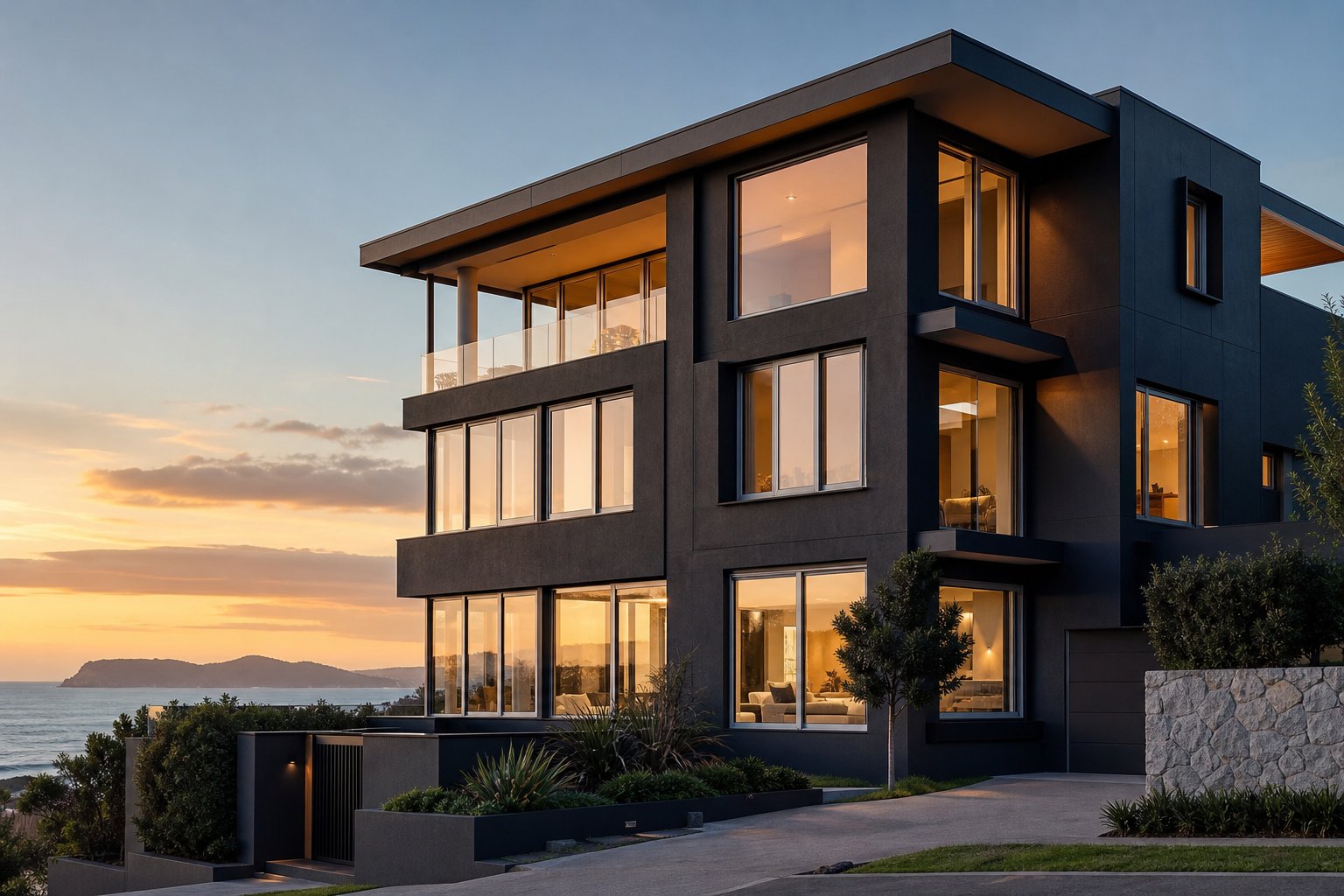luxury coastal home featuring dual colour aluminium frames with dark exterior and light interior finishes