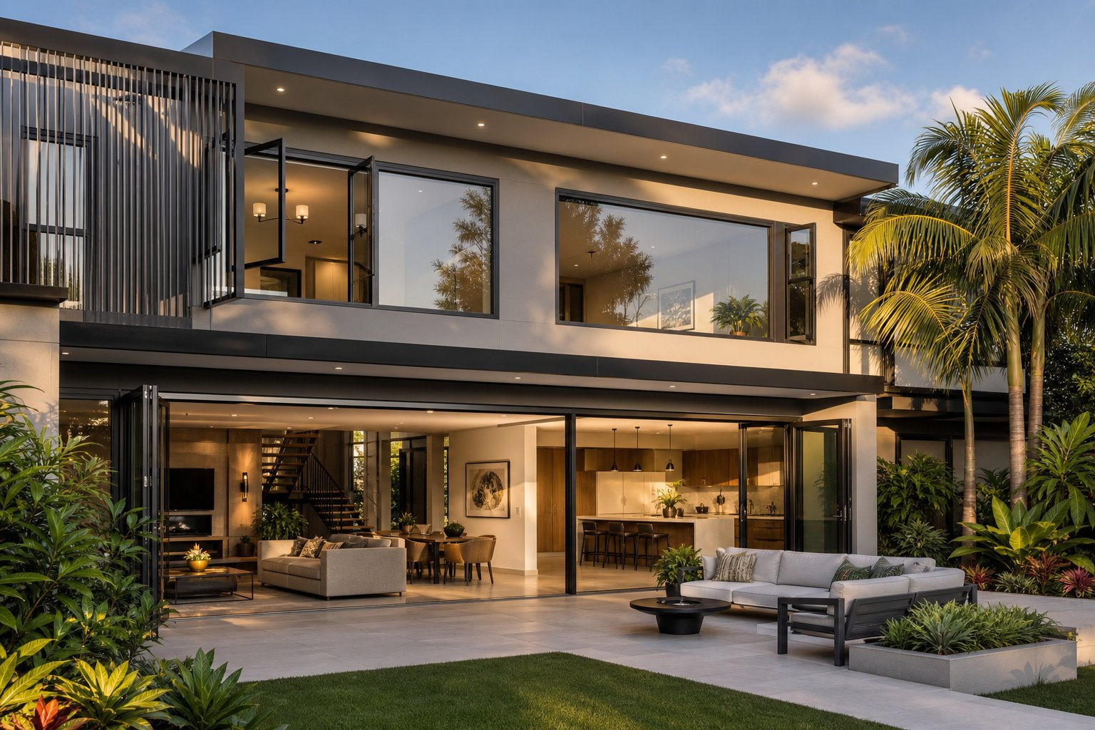 modern australian home showcasing multiple premium aluminium window types including sliding doors fixed panels and casement windows