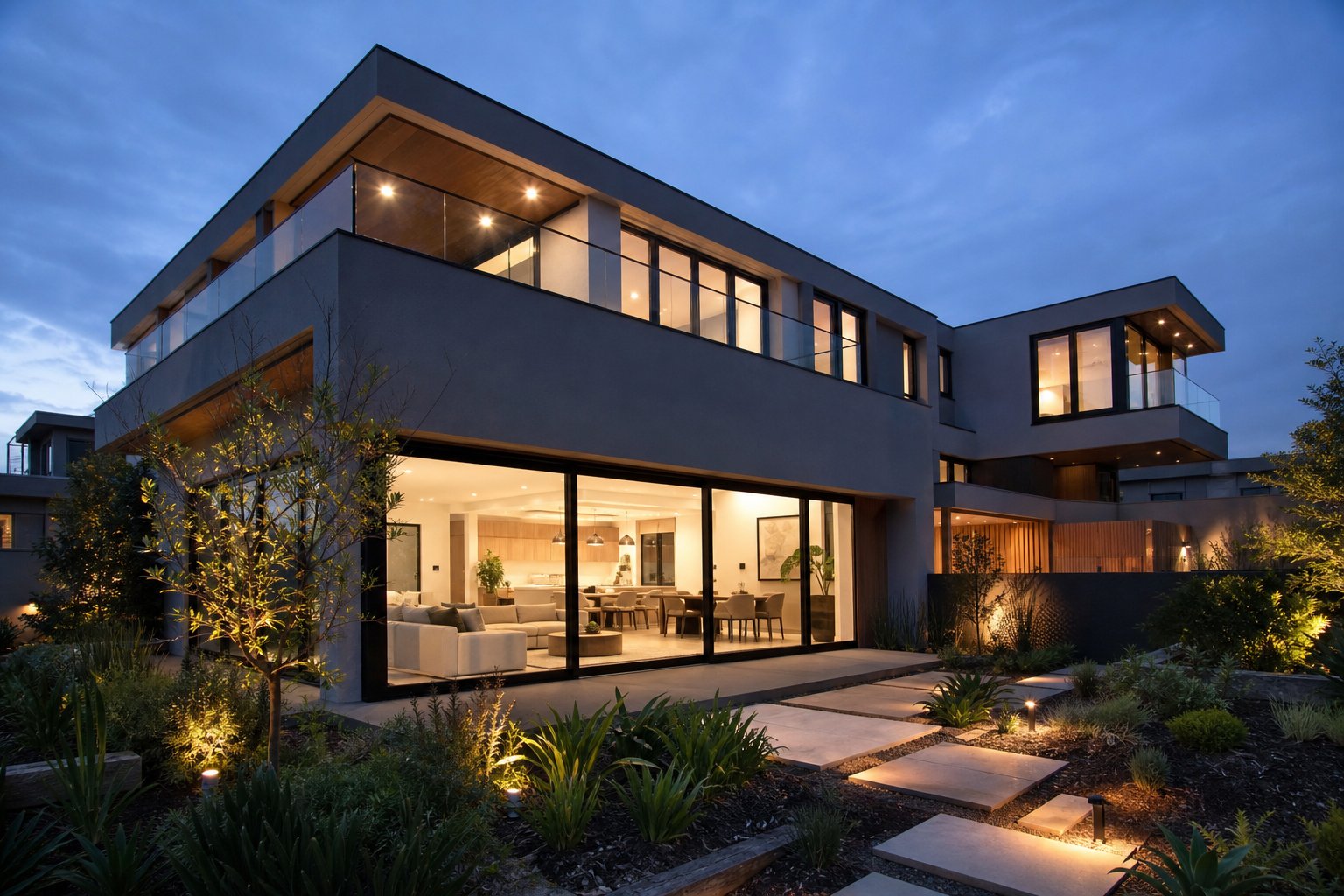 modern australian residence at twilight highlighting a complete aluminium window system across multiple levels and styles