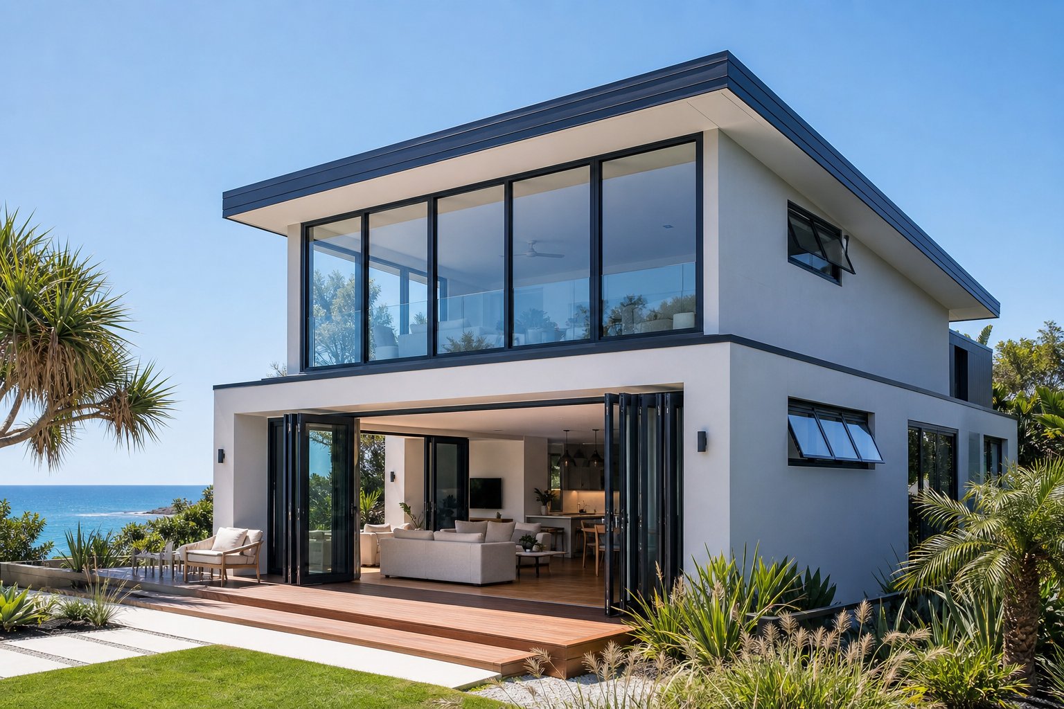 modern coastal australian home featuring diverse aluminium frame profiles including fixed lite windows bi fold doors and awning configurations
