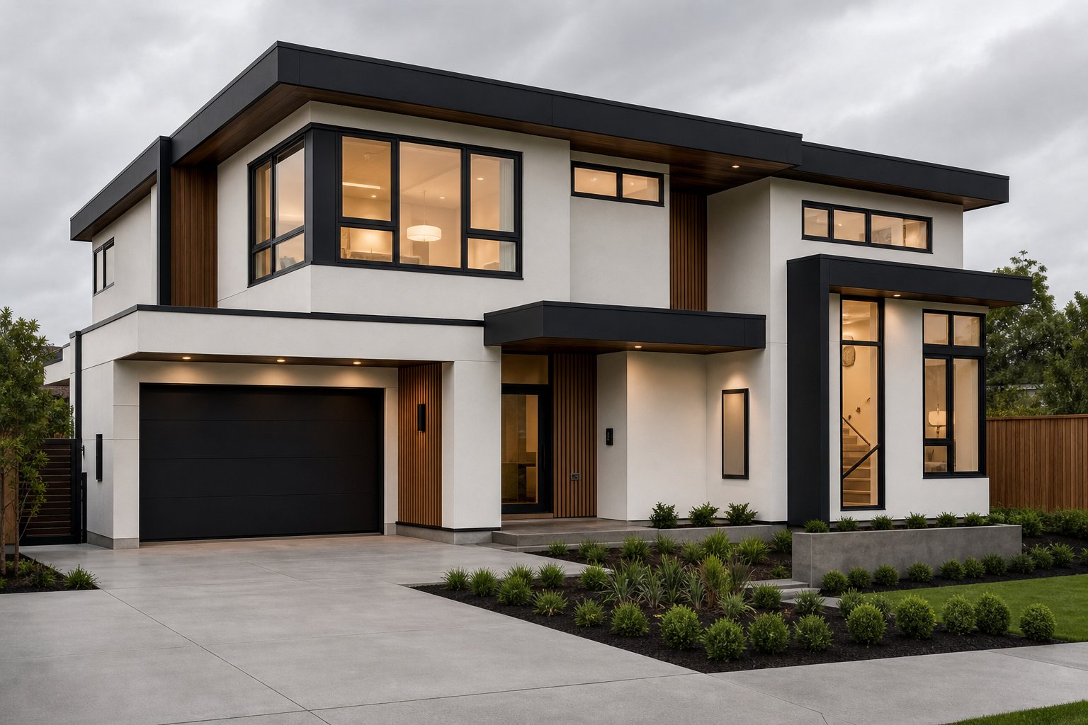 modern home facade featuring dual colour aluminium window finishes with matt black exterior profiles and lighter interior tones