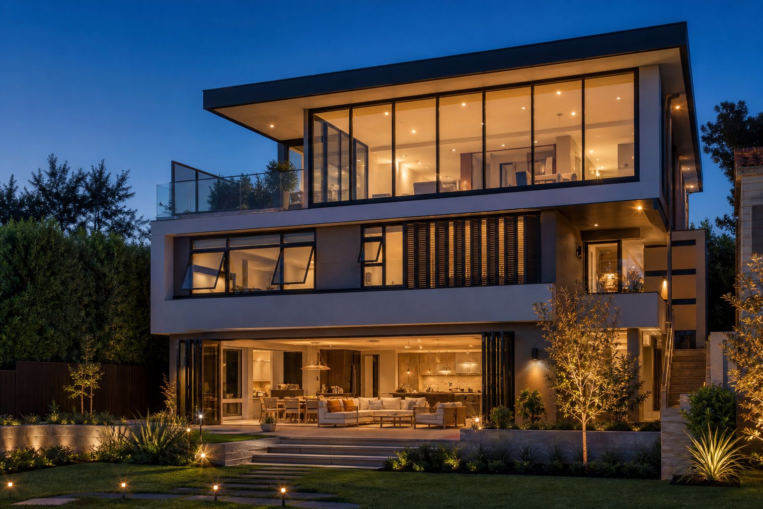 modern home showcasing multiple eco aluminium window styles including fixed panels bi fold doors and awning windows