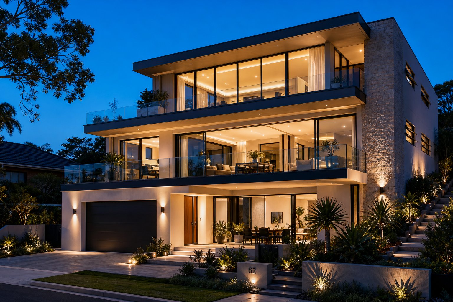multi storey home demonstrating how different aluminium window configurations combine across elevations for views ventilation and weather protection